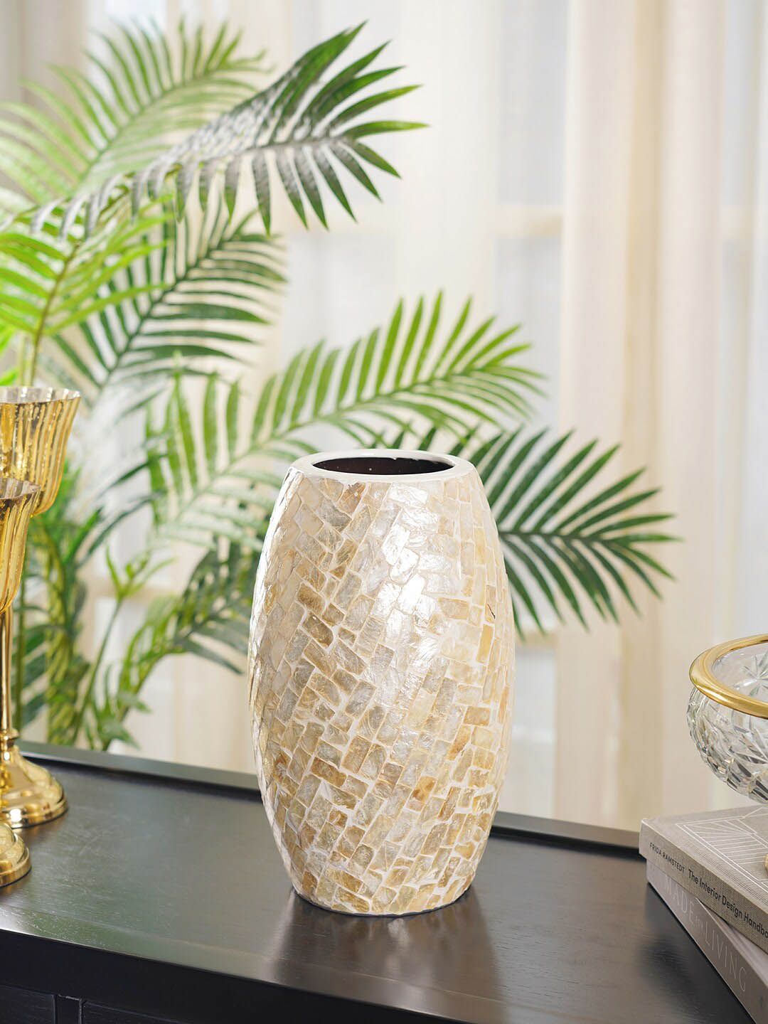 Pure Home and Living Cream & White Textured Ceramic Flower Vase Price in India