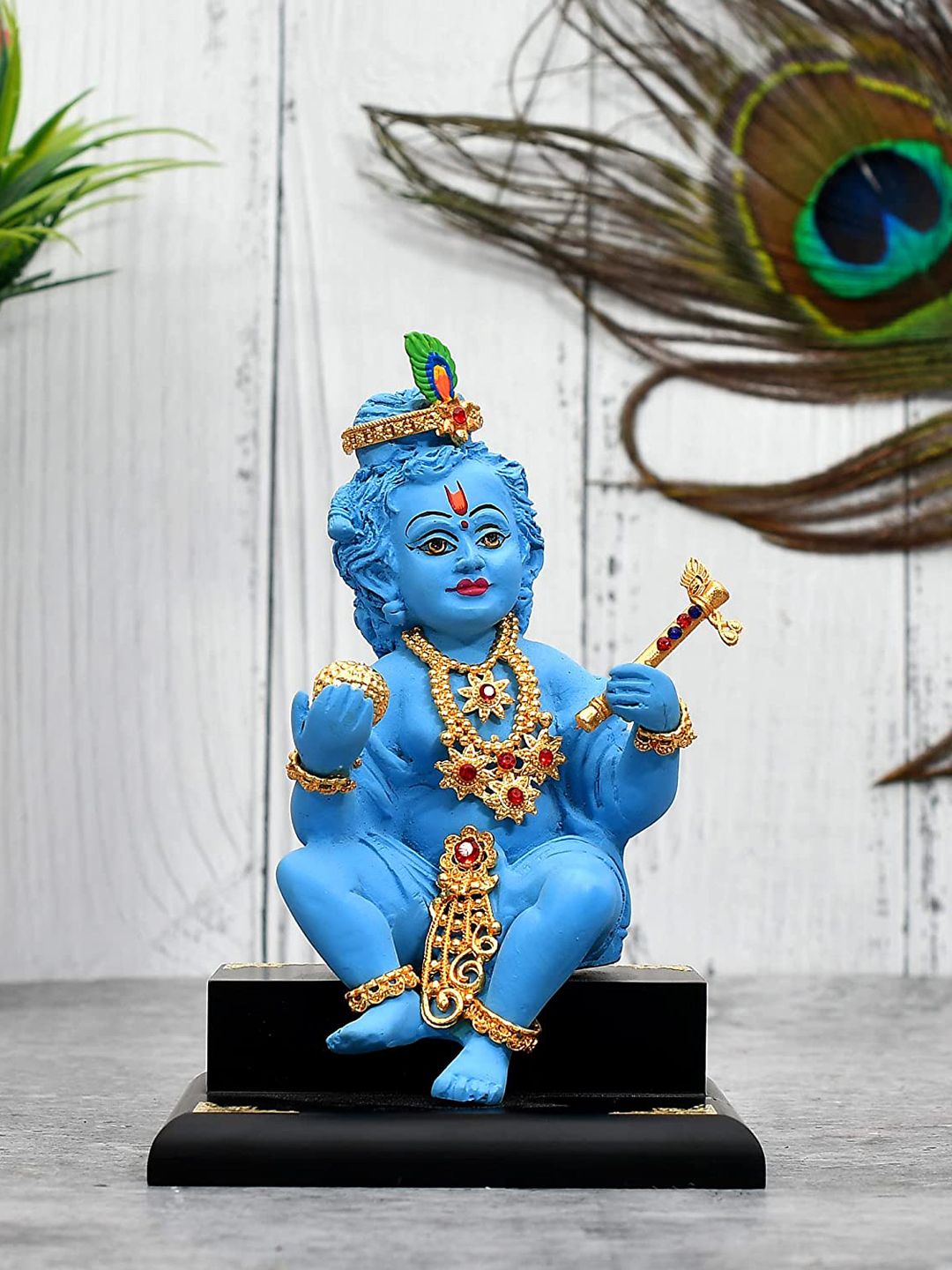 Perpetual Blue & Gold Laddoo Gopal with Flute Idol Showpiece Price in India