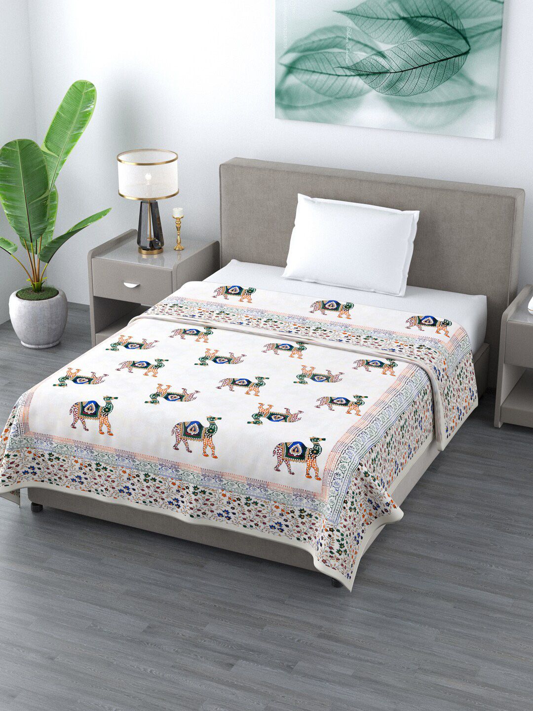 LIVING ROOTS 210 GSM White & Green Ethnic Motifs Pure Cotton Single Bed Reversible Dohar Price in India