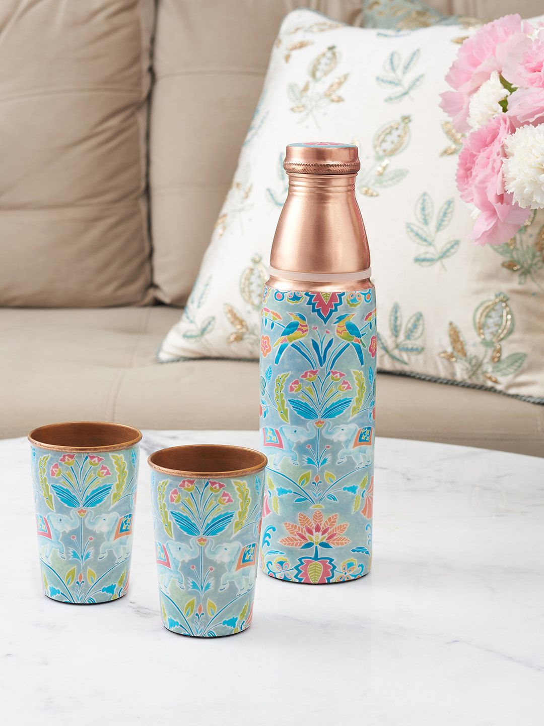 HomeTown Set Of 3 Blue Printed Copper Water Bottle With Tumbler Price in India