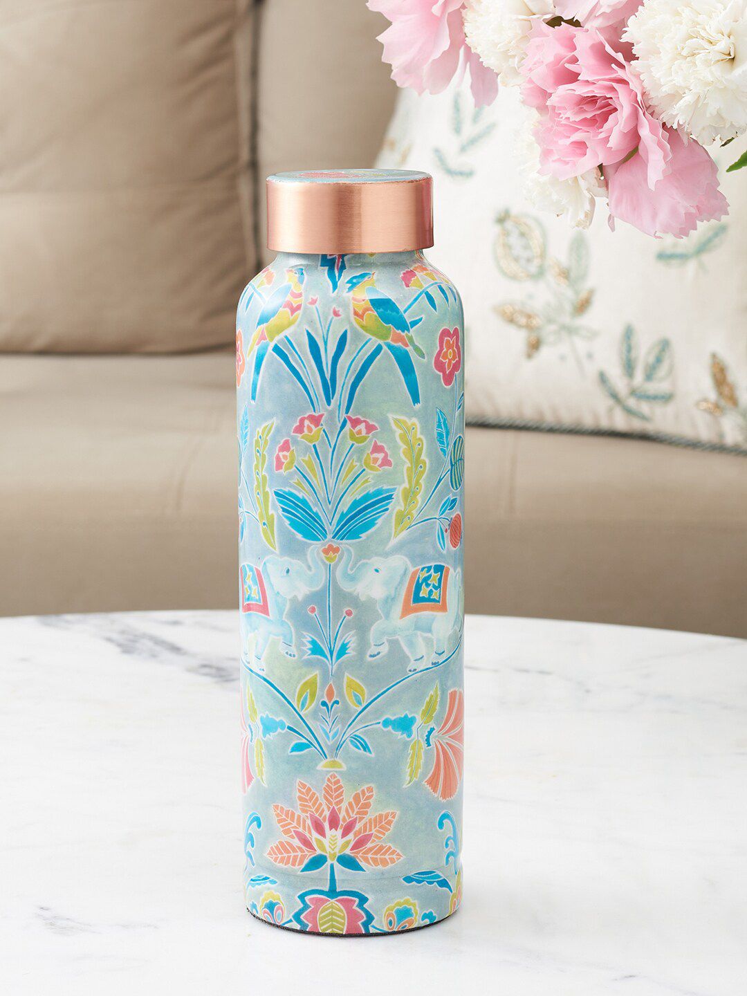 HomeTown Blue & Yellow Floral Printed Copper Water Bottle Price in India