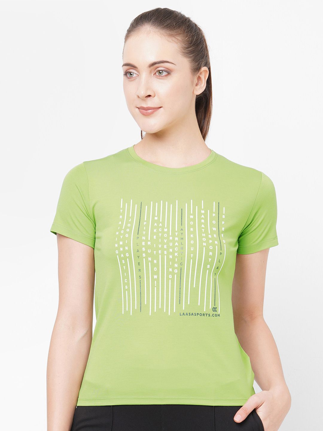 LAASA SPORTS Women Lime Green Typography Printed Pure Cotton T-shirt Price in India