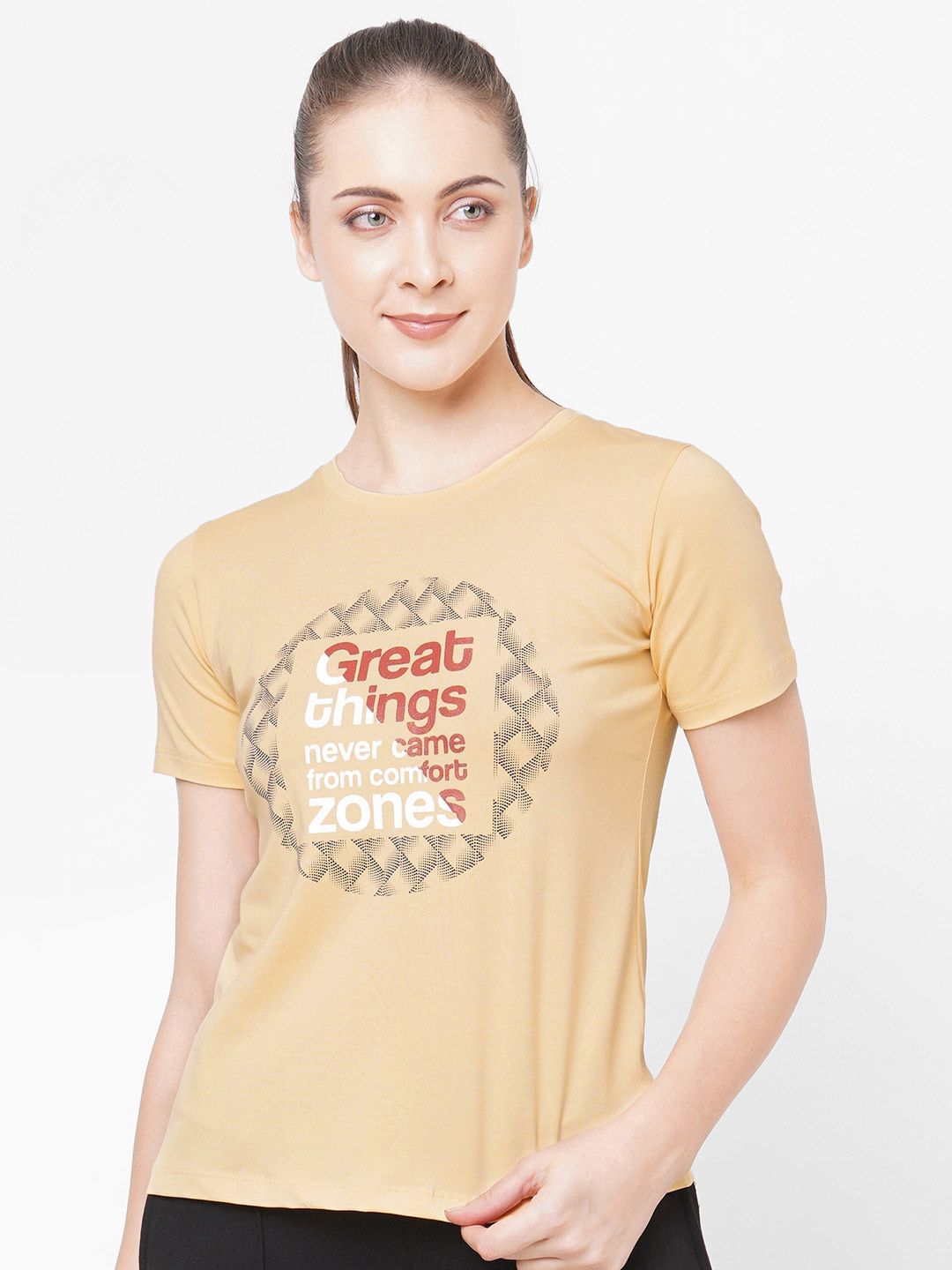 LAASA SPORTS Women Yellow Typography Printed Pure Cotton T-shirt Price in India