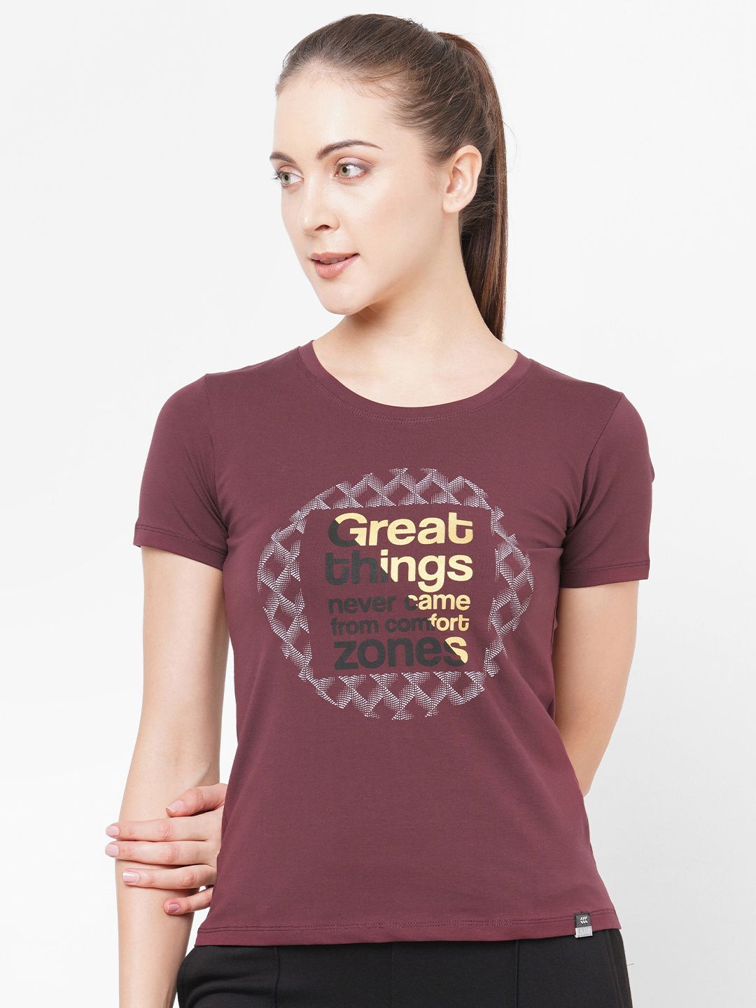 LAASA SPORTS Women Maroon Typography Printed T-shirt Price in India
