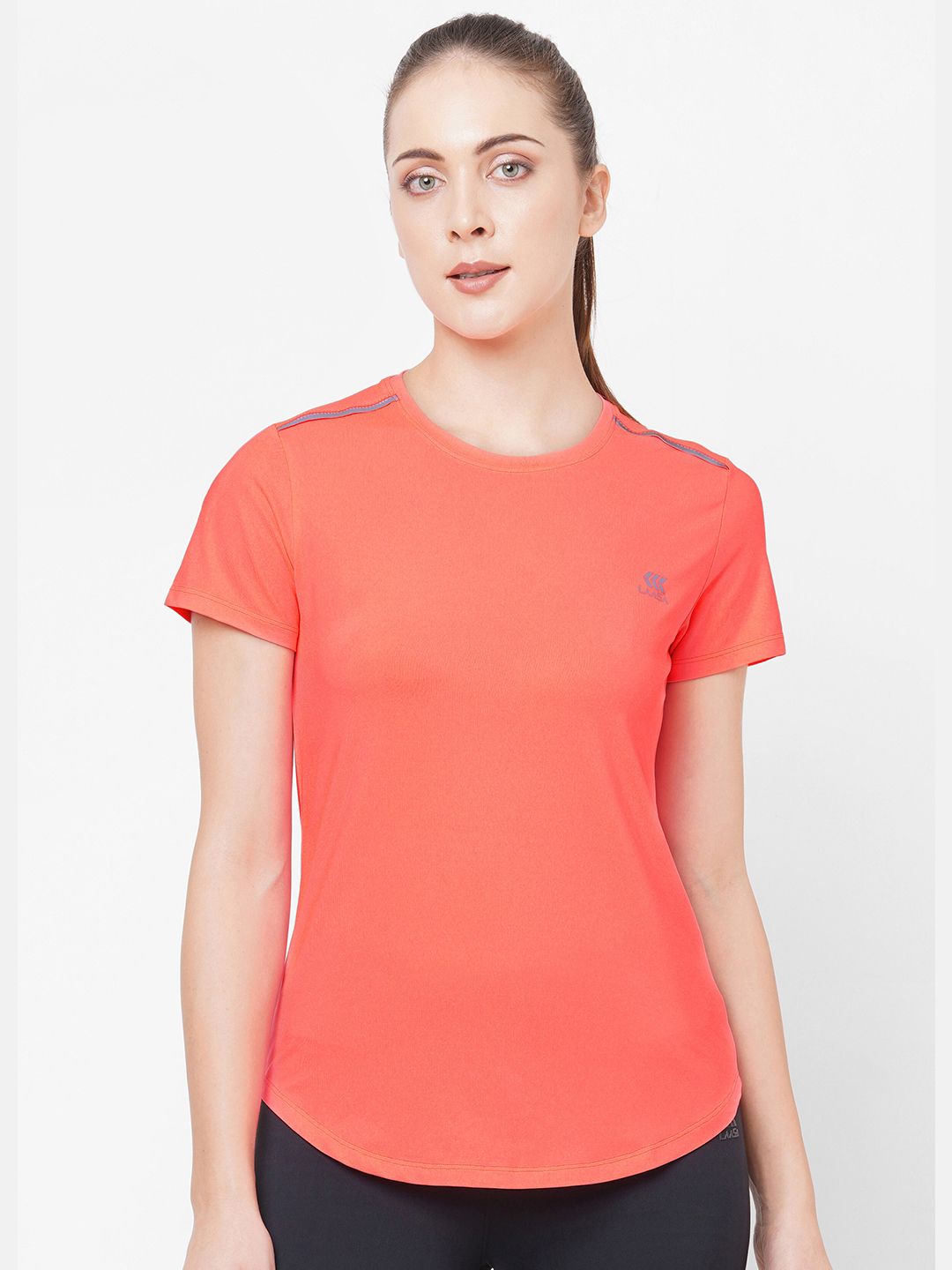 LAASA SPORTS Women Peach-Coloured Slim Fit Gym T-shirt Price in India