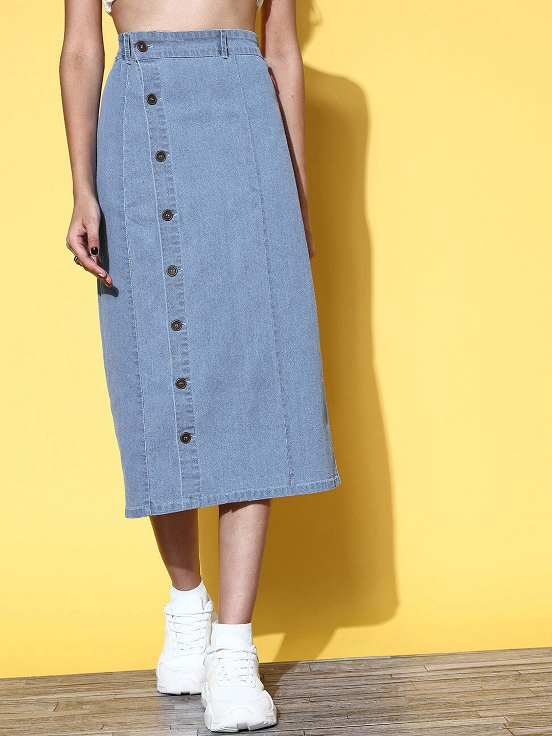 SASSAFRAS Women Blue Solid Midi-Length Denim Skirt Price in India