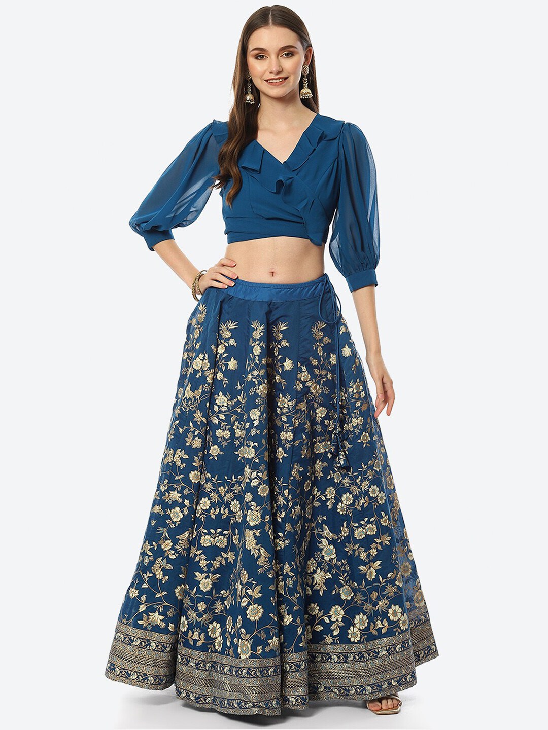 Biba Women Plus size Blue & Gold-Toned Ready to Wear Lehenga Choli Price in India