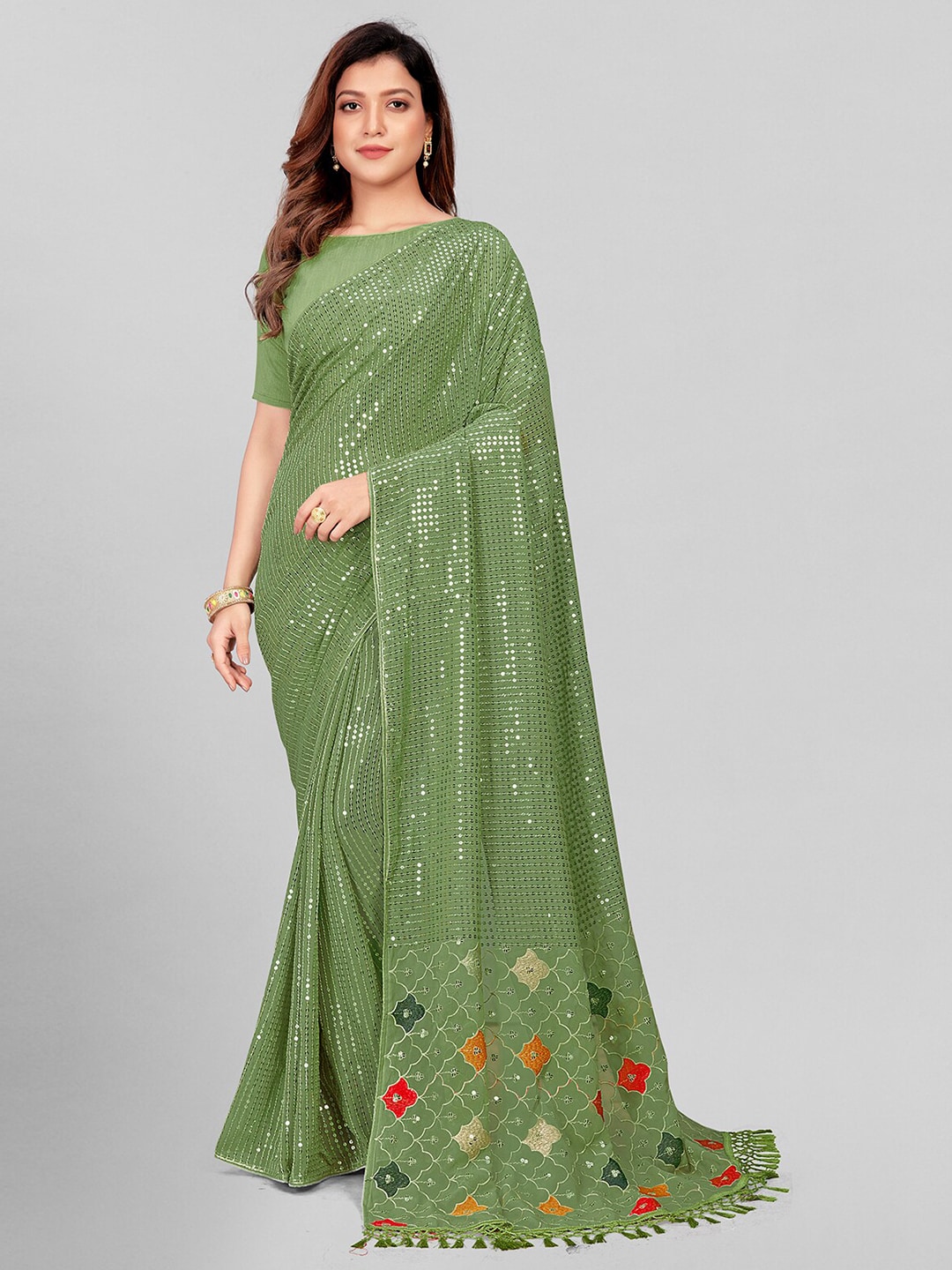 Granthva Fab Fluorescent Green & Red Embellished Sequinned Pure Georgette Saree Price in India