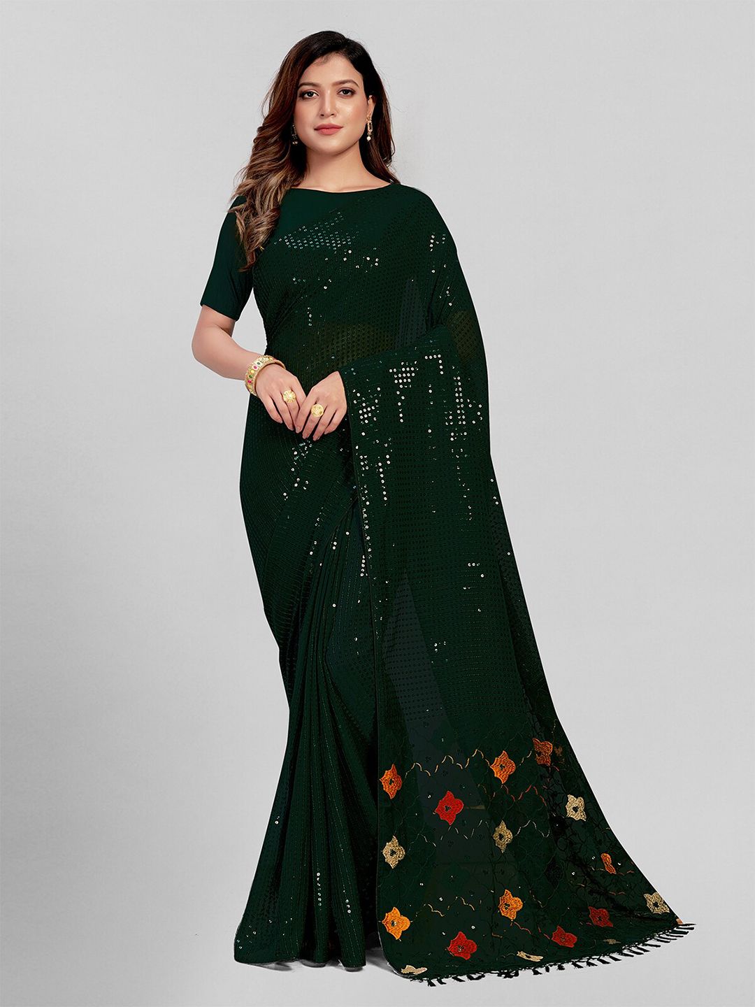 Granthva Fab Green & Red Embellished Sequinned Pure Georgette Saree Price in India