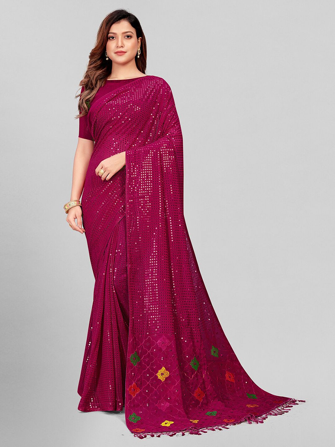 Granthva Fab Purple & Red Embellished Sequinned Pure Georgette Saree Price in India