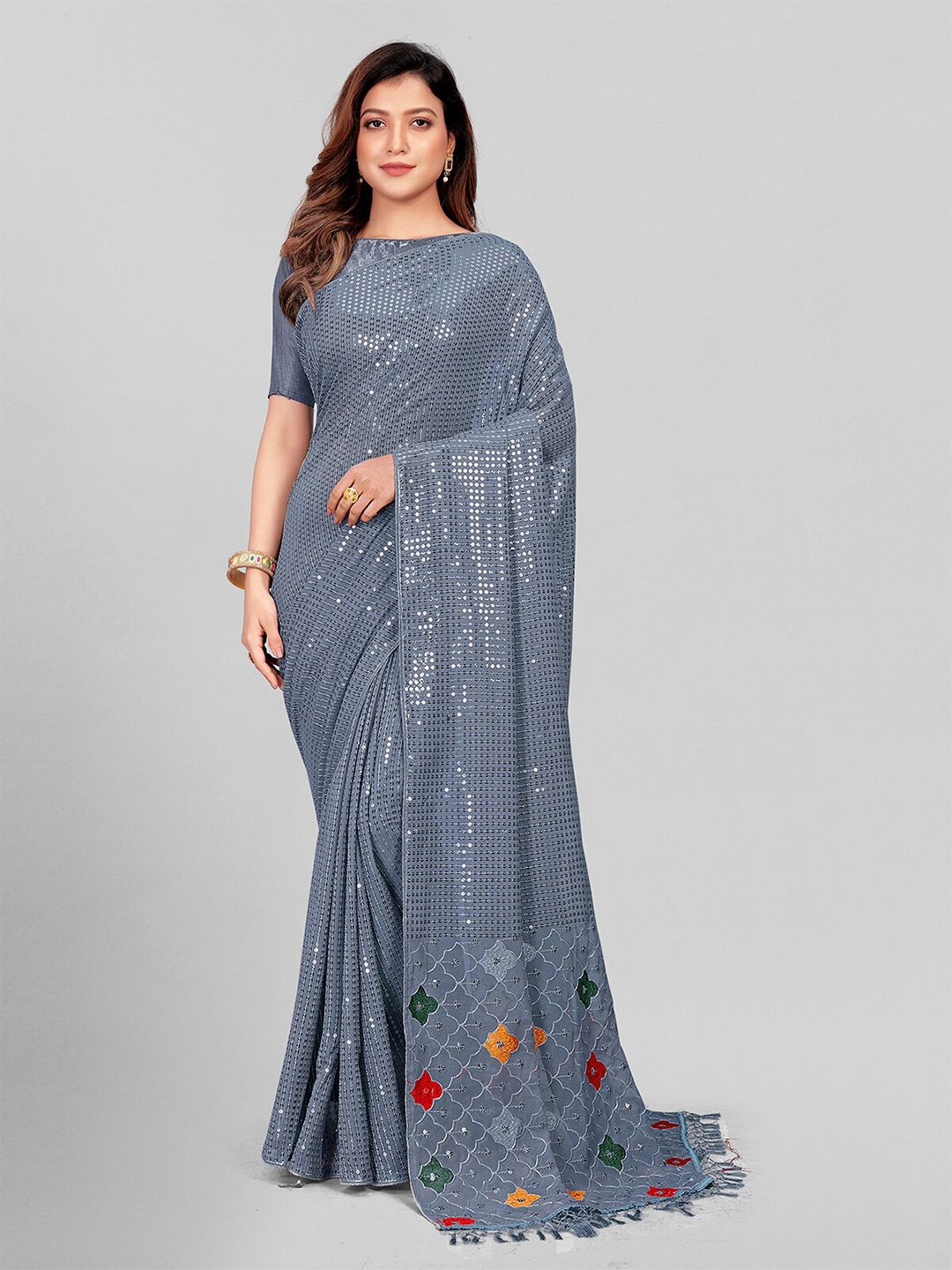 Granthva Fab Grey Embellished Sequinned Pure Georgette Saree Price in India