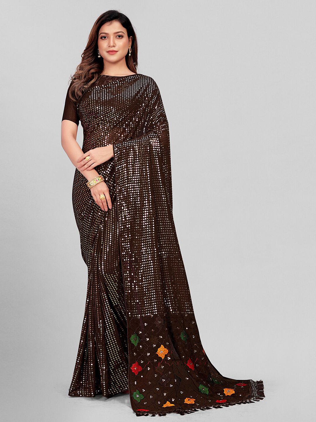 Granthva Fab Brown Embellished Sequinned Pure Georgette Saree Price in India