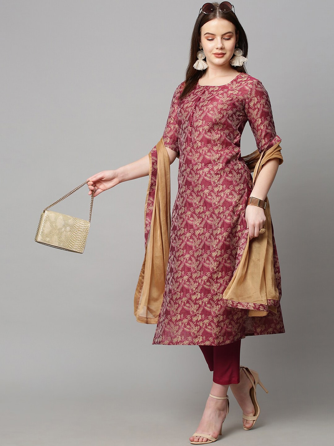 KALINI Women Red Floral Printed Kurta with Trousers & With Dupatta Price in India