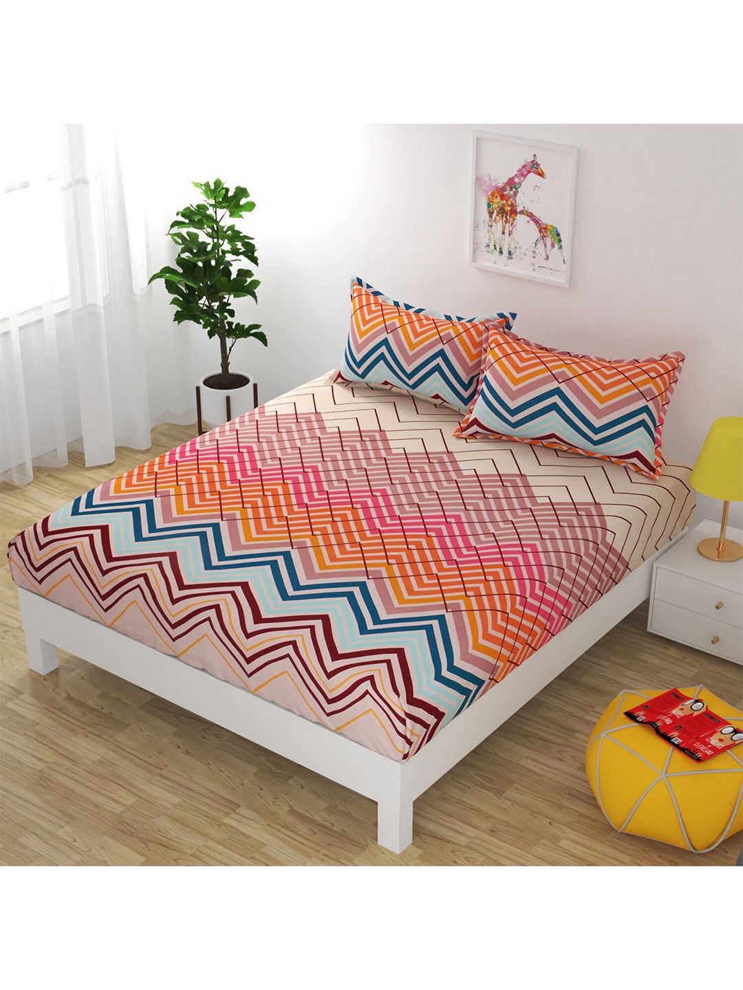 Bajo's Multicoloured Geometric 250 TC Queen Cotton Bedsheet with 2 Pillow Covers Price in India