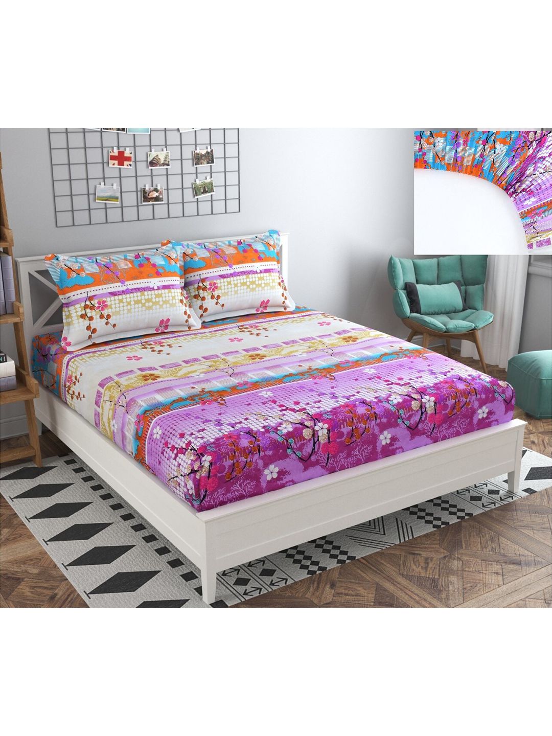Bajo's Purple & White Geometric 250 TC Queen Bedsheet with 2 Pillow Covers Price in India