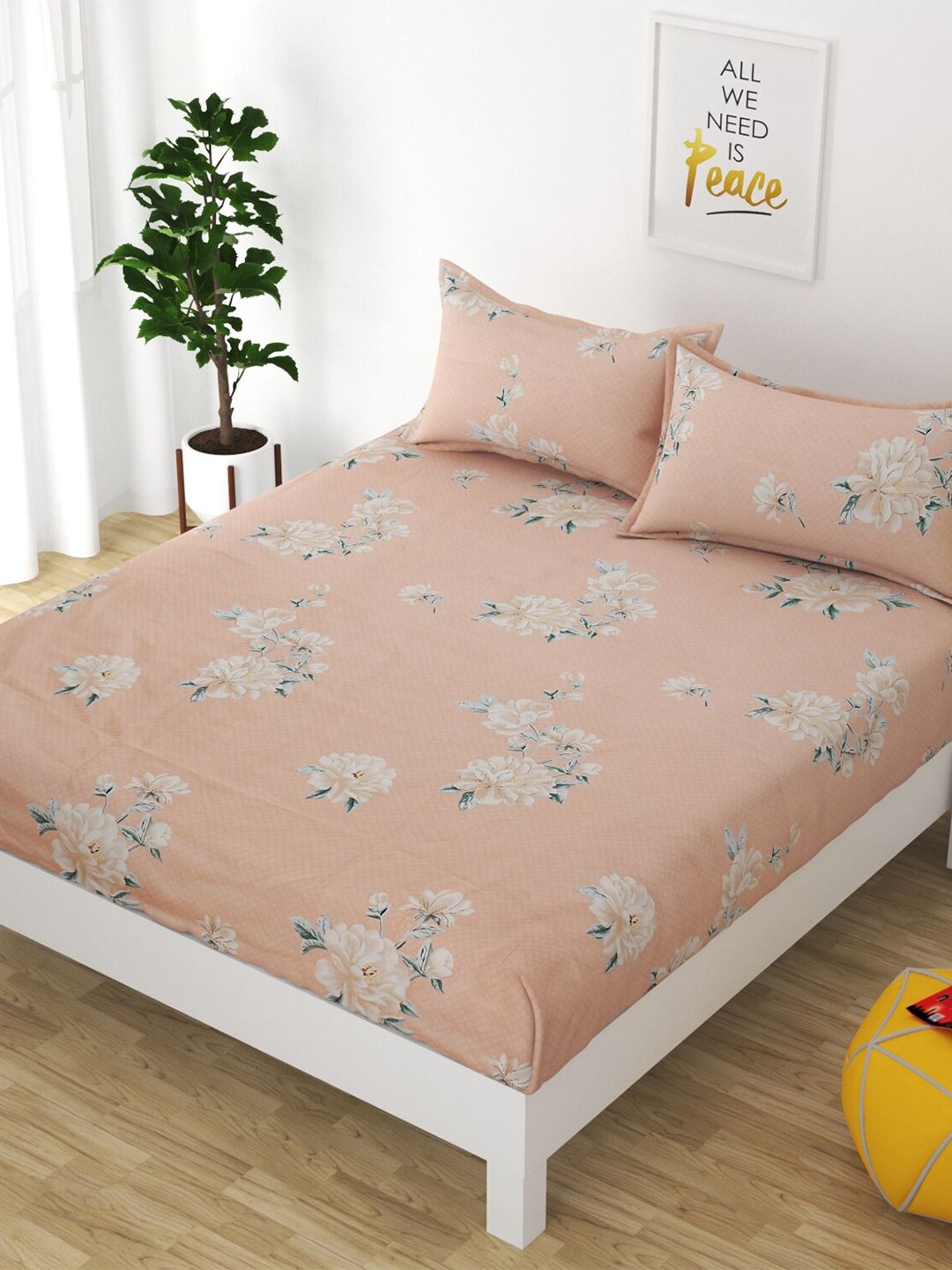 Bajo's Peach-Coloured & White Floral 250 TC Queen Cotton Bedsheet with 2 Pillow Covers Price in India