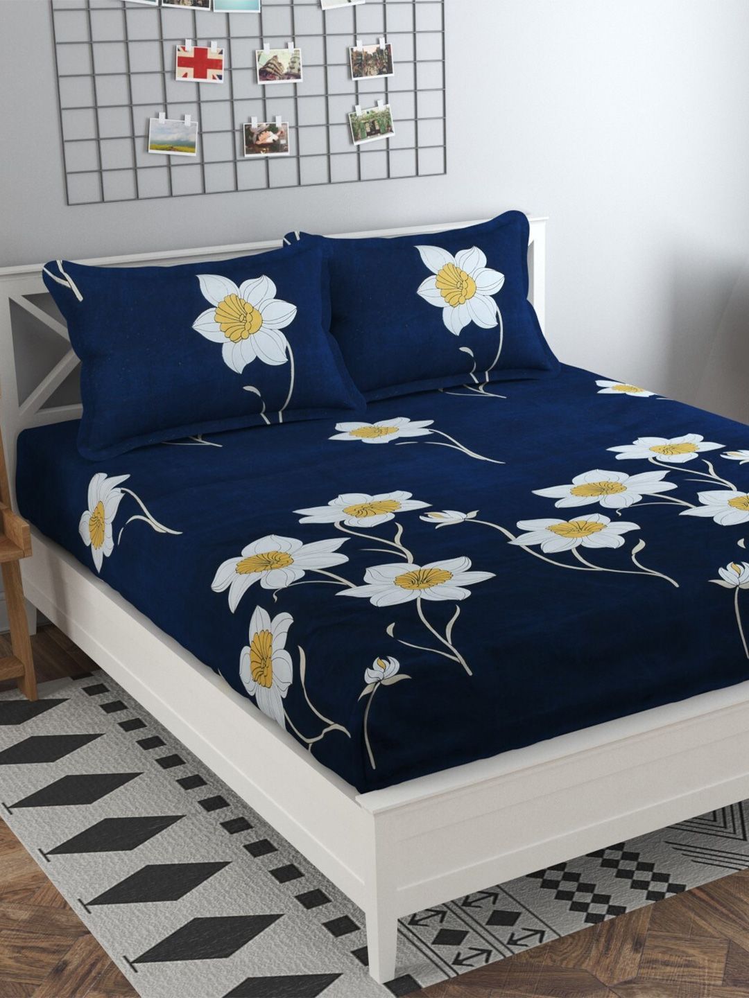 Bajo's Navy Blue And White 250 TC Floral Fitted Cotton Queen Bedsheet With 2 Pillow Covers Price in India