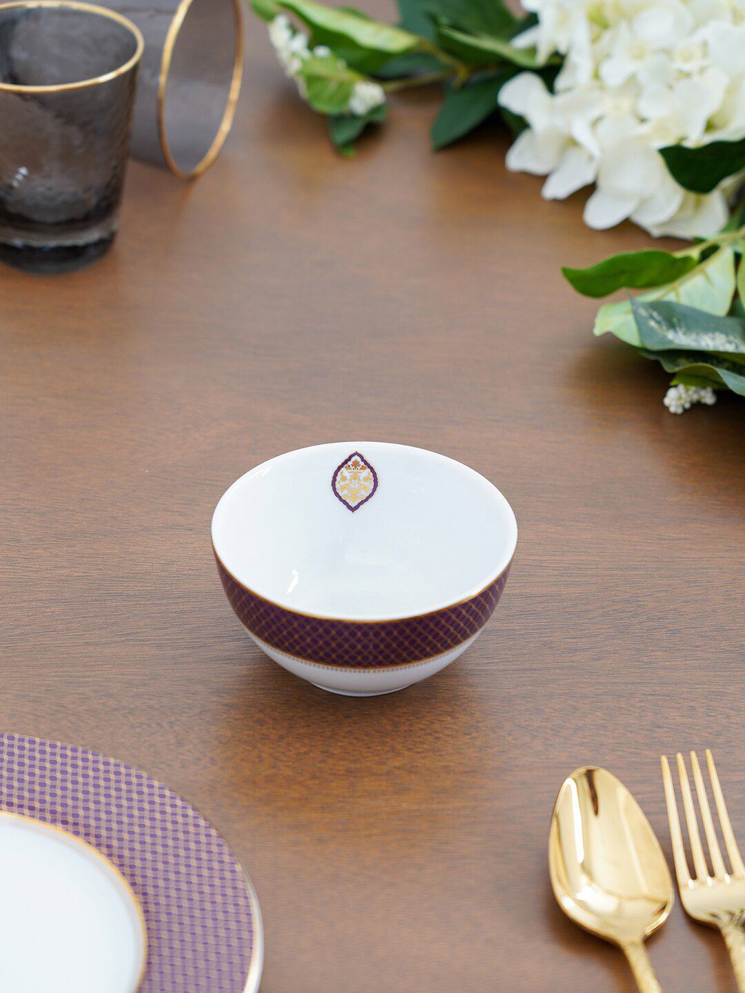 Pure Home and Living White & Purple 2 Pieces Printed Porcelain Glossy Bowls Price in India