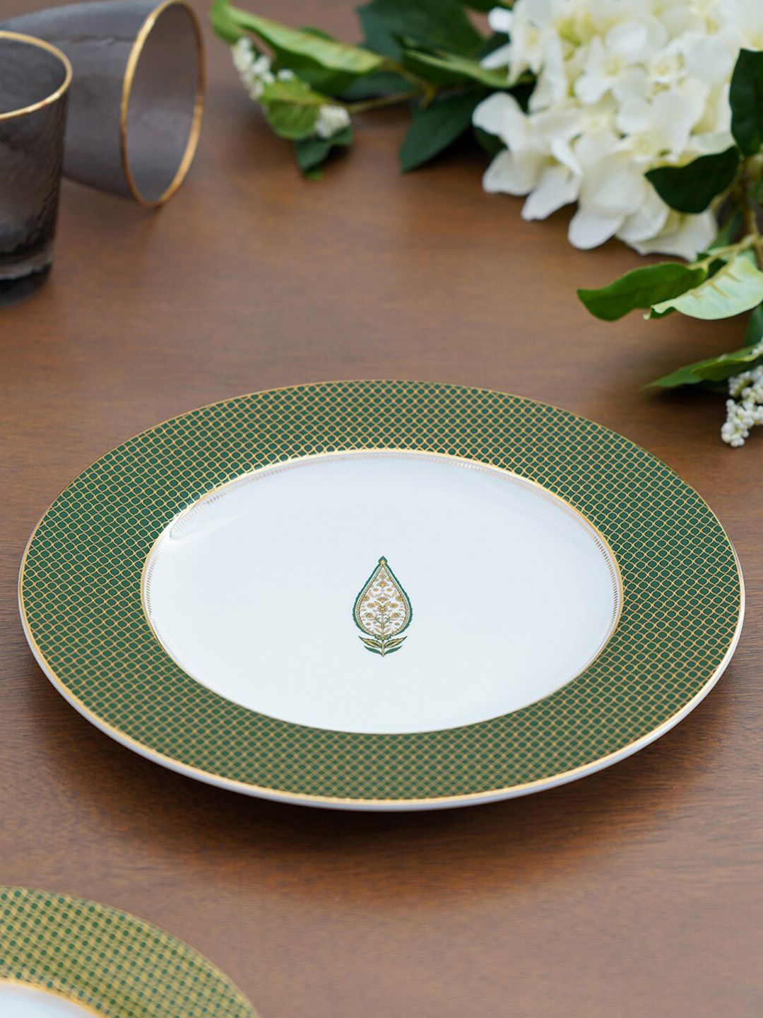 Pure Home and Living Set Of 2 Green & White Printed Porcelain Glossy Plates Price in India