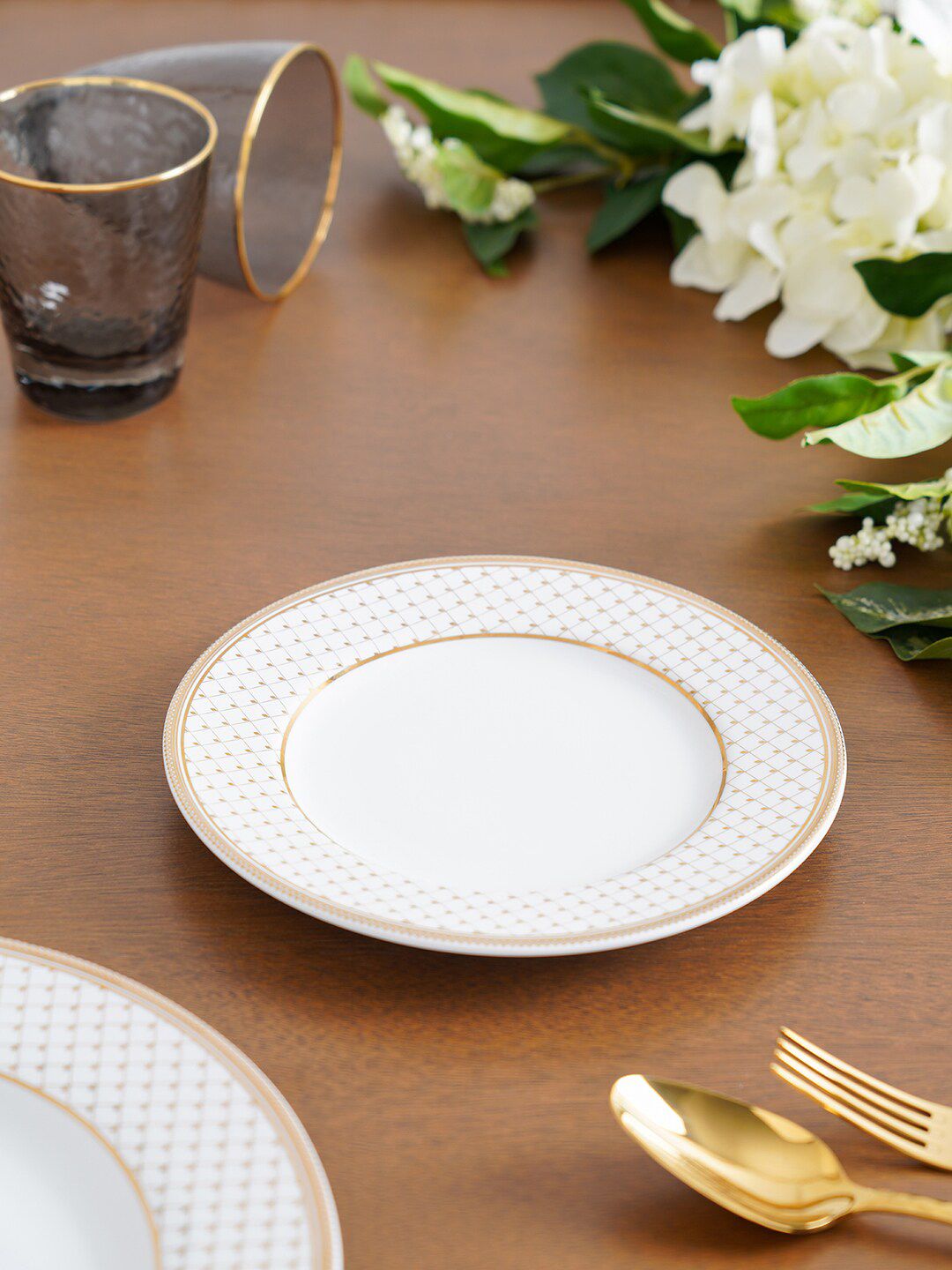 Pure Home and Living White & Beige Set Of 2 Pieces Printed Porcelain Glossy Plates Price in India