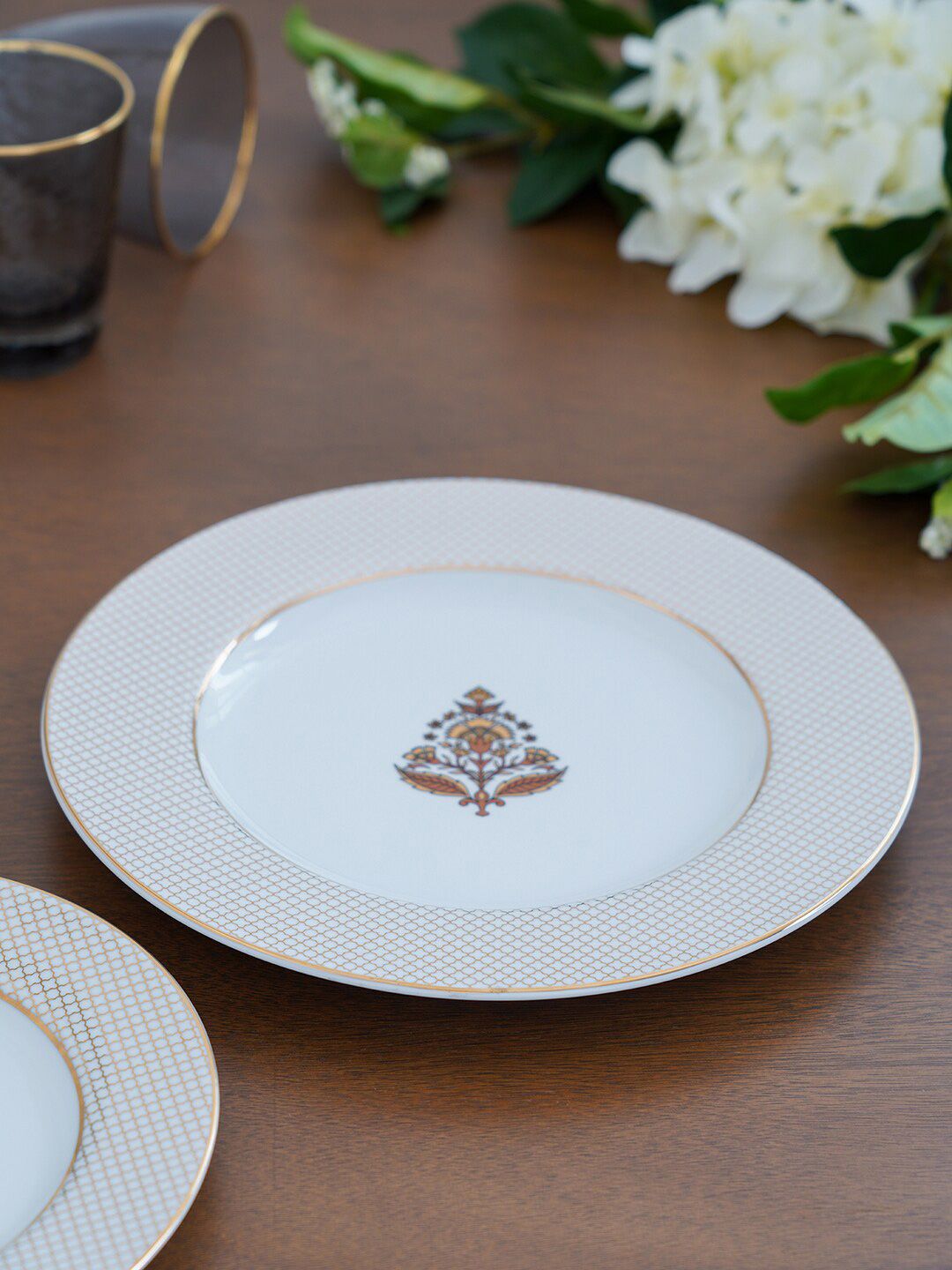 Pure Home and Living White & Yellow Set Of 2 Printed Porcelain Glossy Plates Price in India
