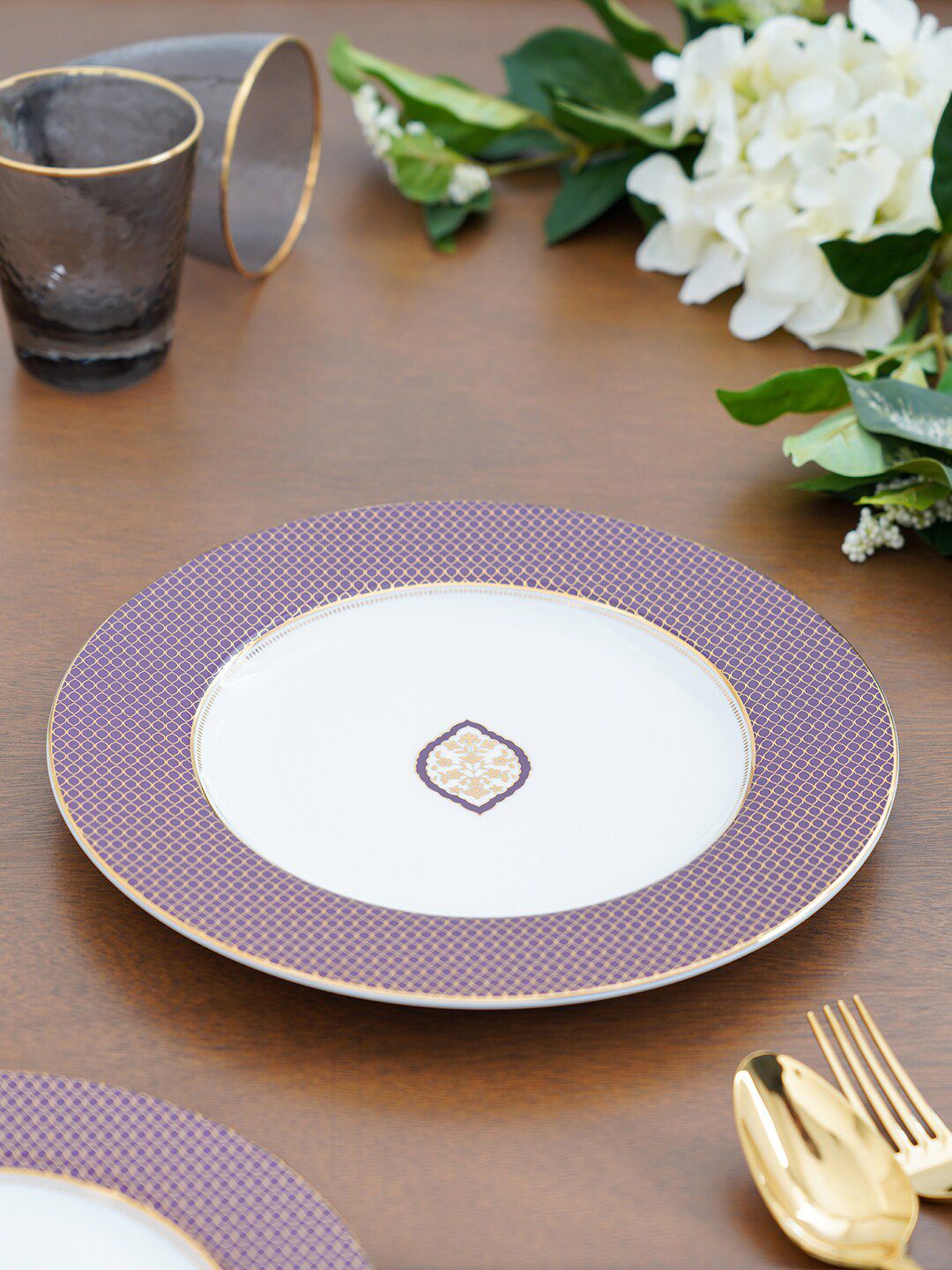 Pure Home and Living Purple & White Set of 2 Printed Porcelain Glossy Plates Price in India