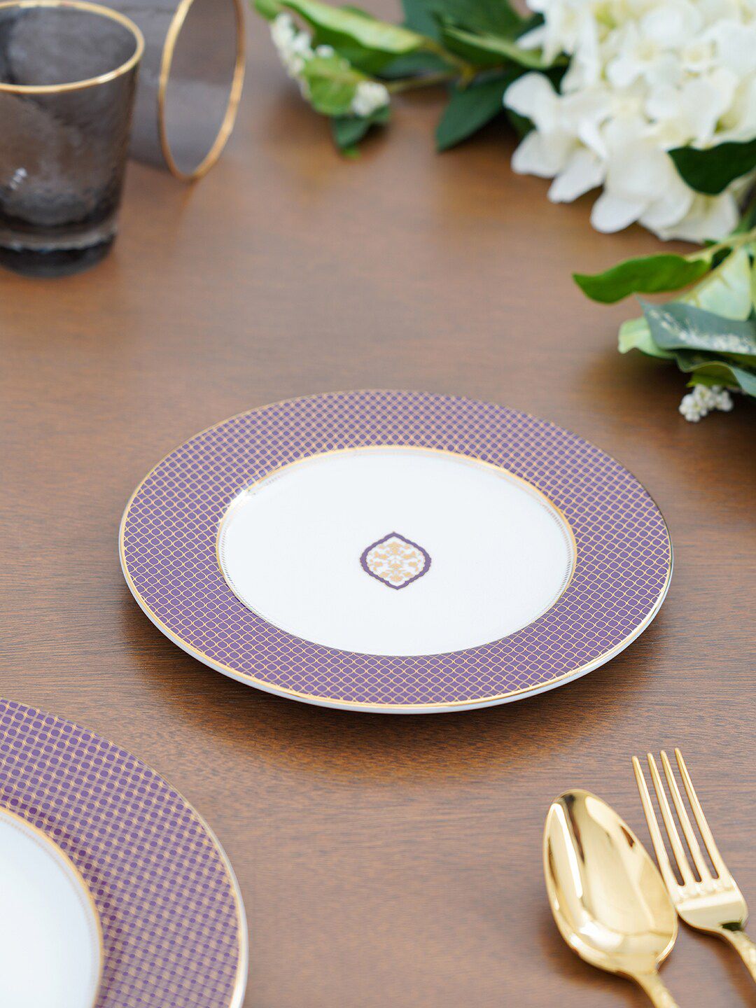 Pure Home and Living Purple & White Set of 2 Pieces Printed Porcelain Glossy Plates Price in India
