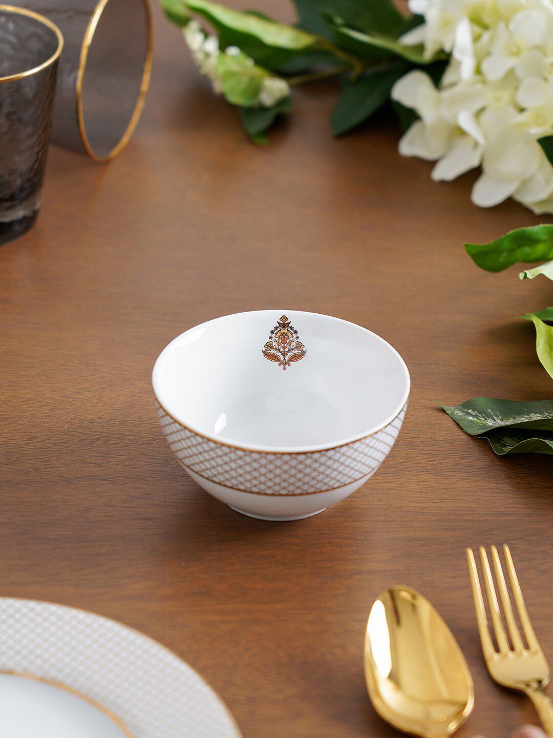 Pure Home and Living White & Gold-Toned 2 Pieces Printed Porcelain Glossy Bowls Price in India