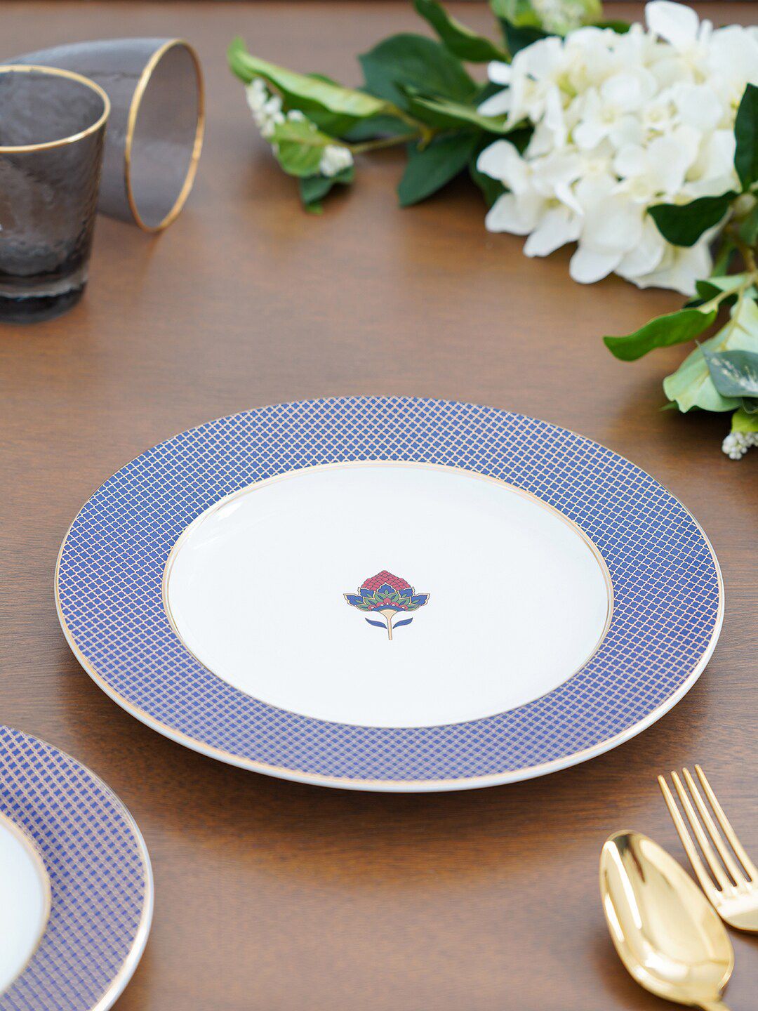 Pure Home and Living Blue & White Set of 2 Pieces Printed Porcelain Glossy Plates Price in India