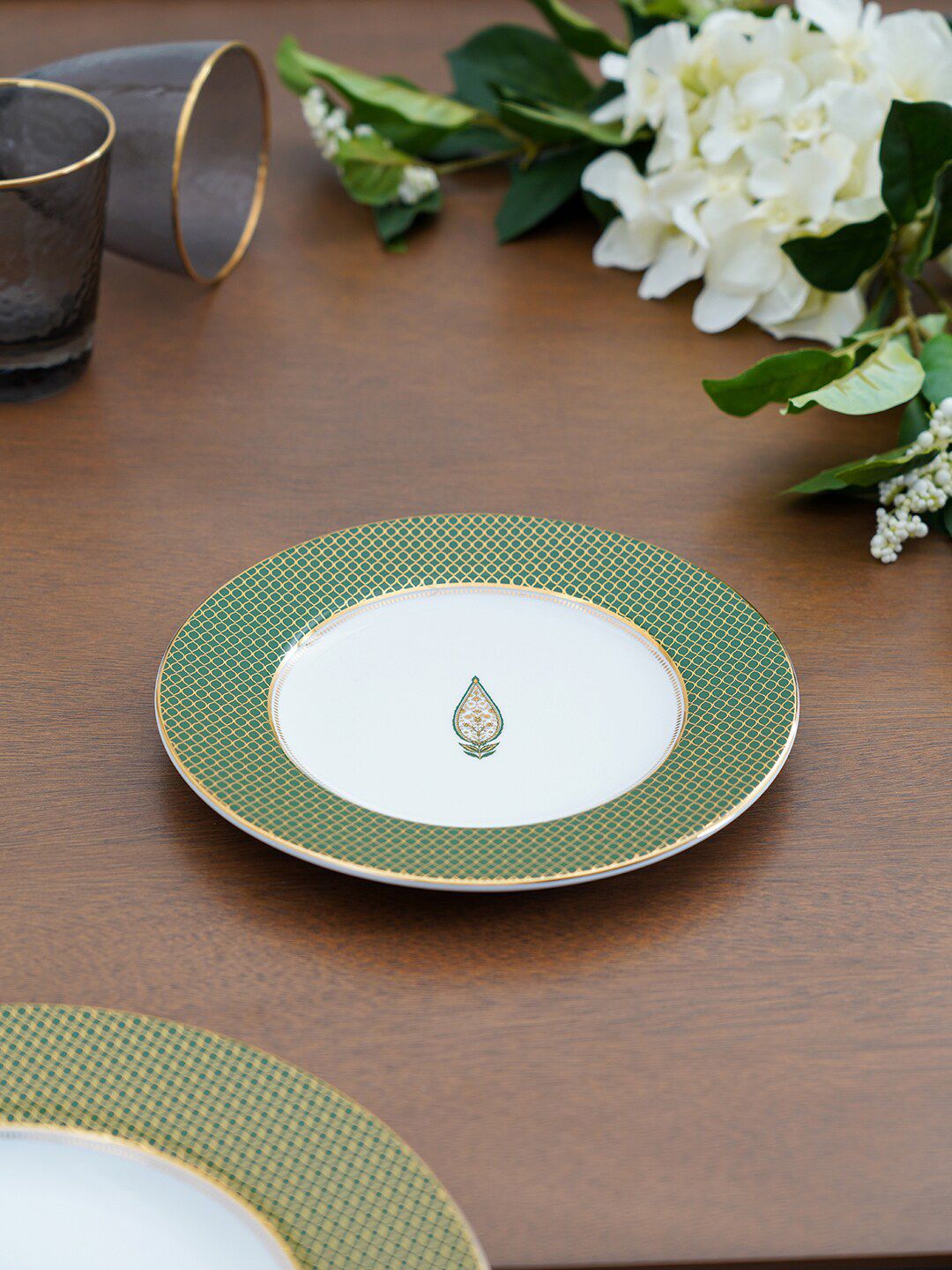 Pure Home and Living Set Of 2 Green & White Printed Porcelain Glossy Plates Price in India