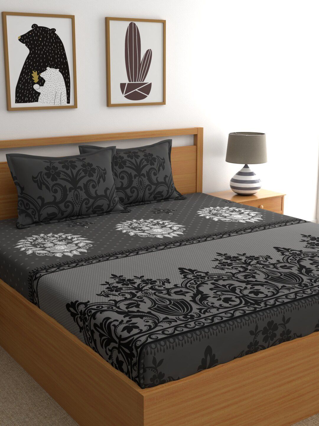 Dreamscape Grey & White Ethnic Motifs 140 TC King Bedsheet with 2 Pillow Covers Price in India