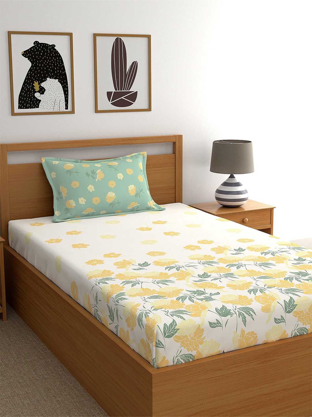 Dreamscape Beige & Yellow Floral 140 TC Single Bedsheet with 1 Pillow Covers Price in India