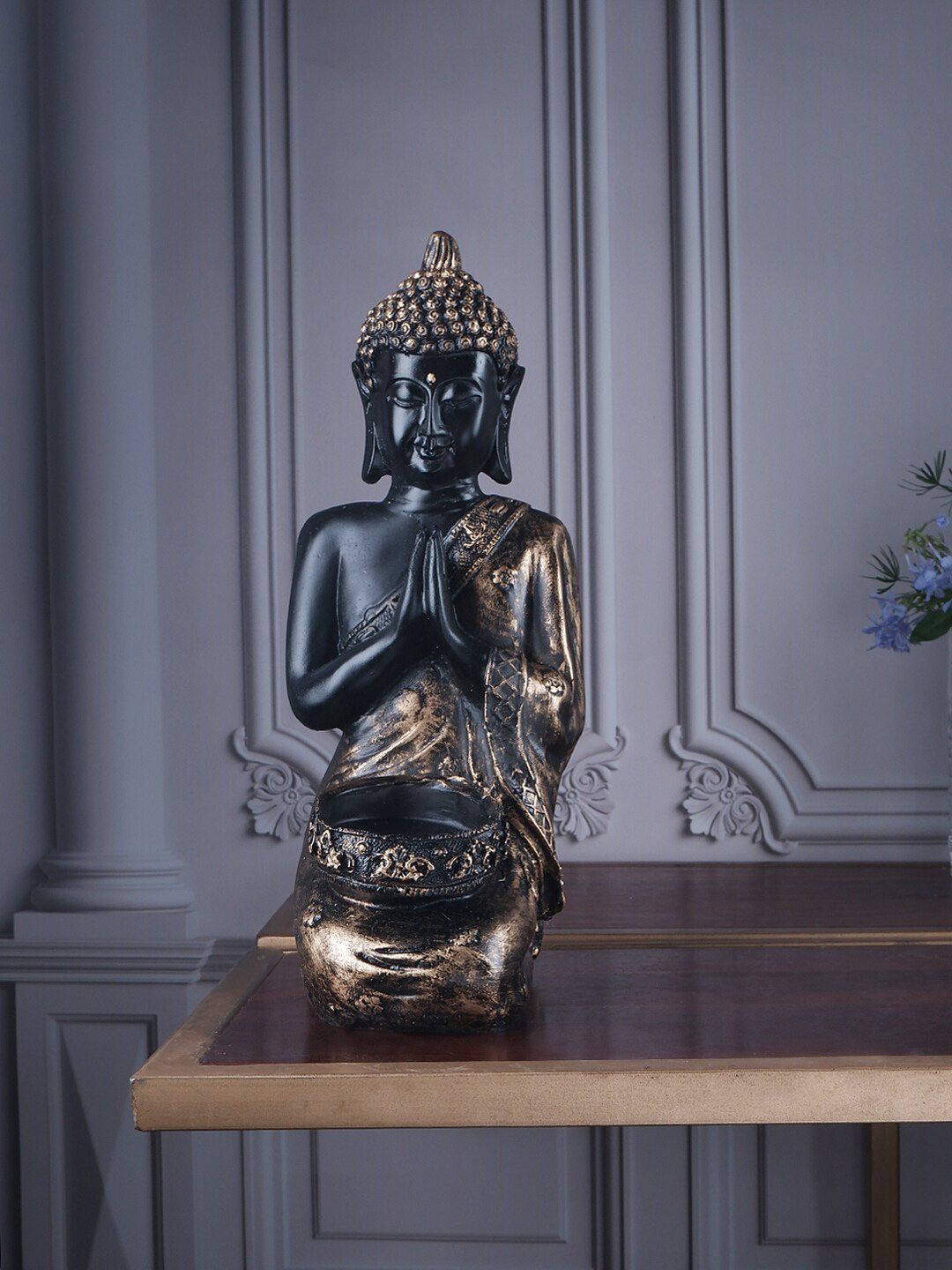 THE WHITE INK DECOR Black & Gold-Toned Antique Buddha Figurine Showpiece Price in India