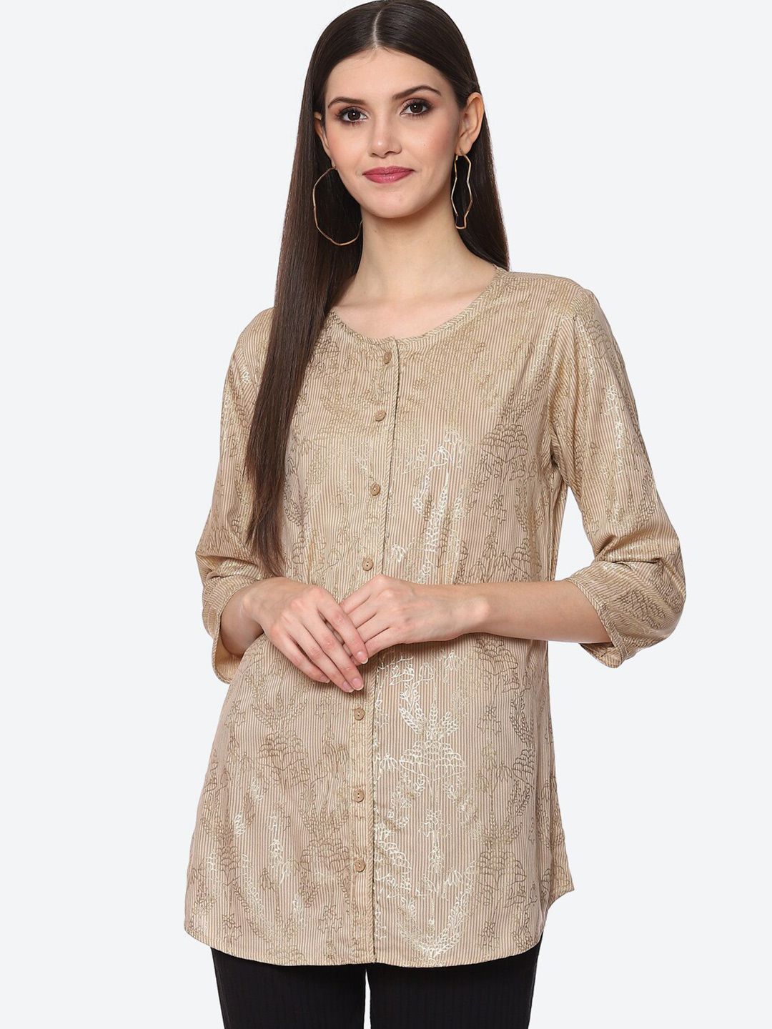 Biba Women Beige Classic Floral Casual Shirt