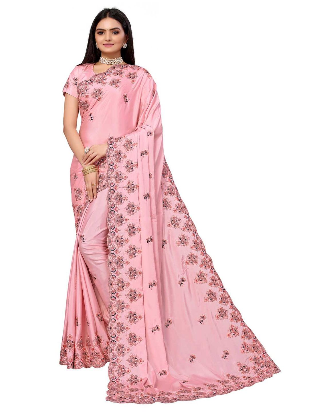 ODETTE Pink & Blue Floral Embroidered Saree Price in India