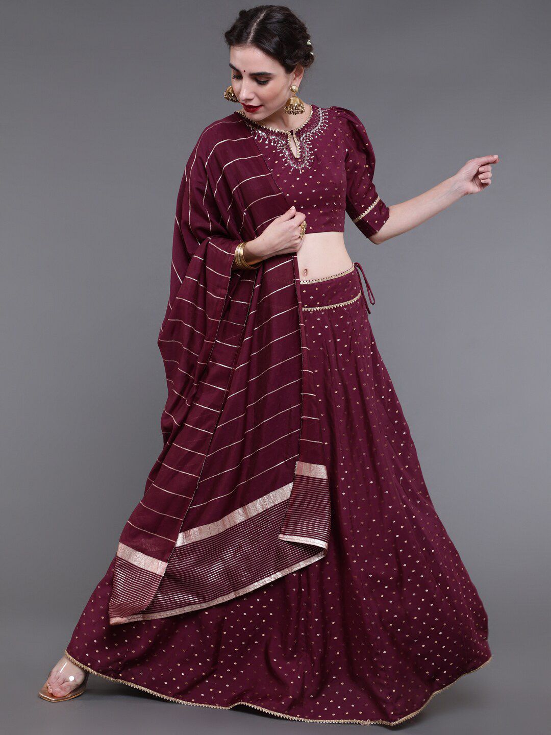 saubhagya Burgundy & Gold-Toned Embellished Ready to Wear Lehenga & Blouse With Dupatta Price in India