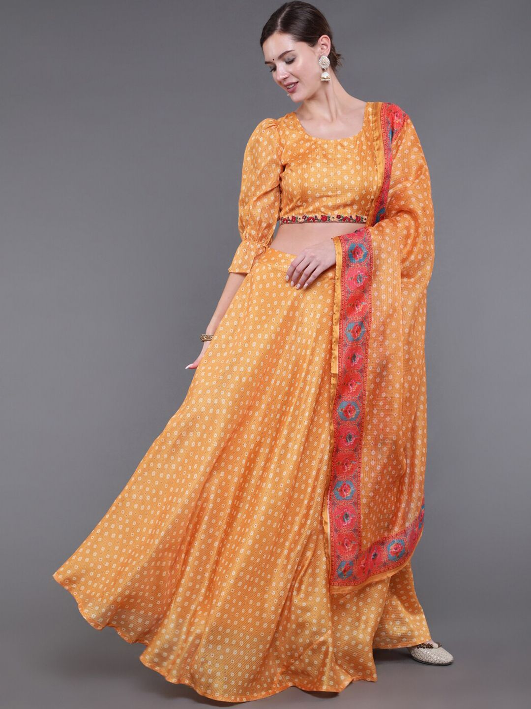 saubhagya Women Yellow & White Printed Ready to Wear Lehenga & Blouse With Dupatta Price in India