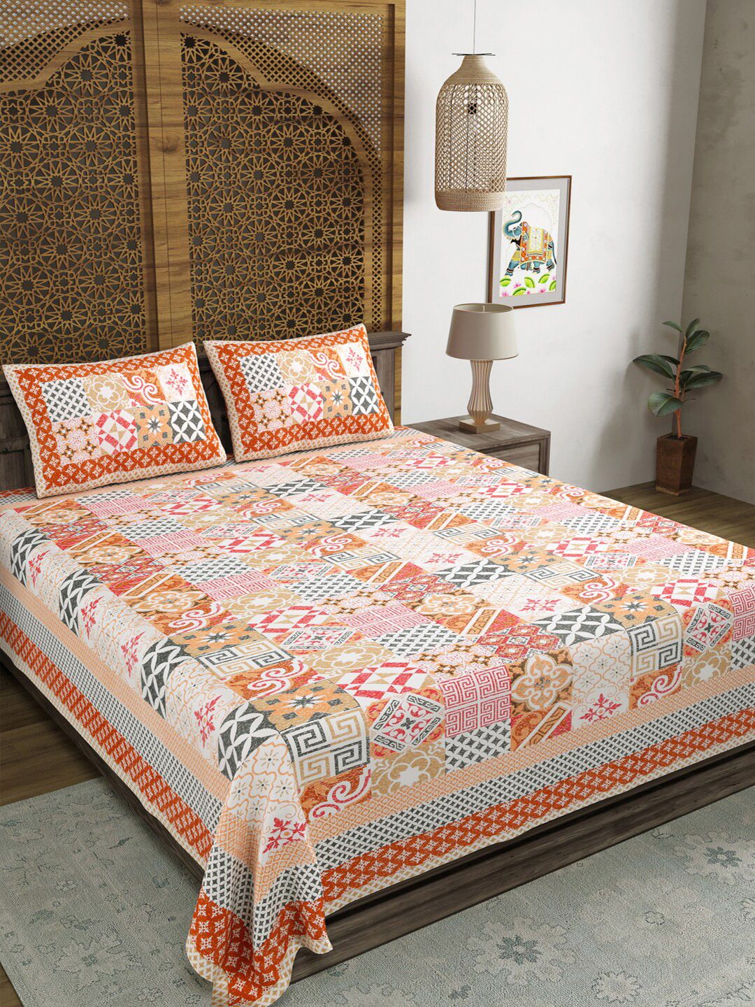 BLOCKS OF INDIA Orange & White Geometric 210 TC King Bedsheet with 2 Pillow Covers Price in India