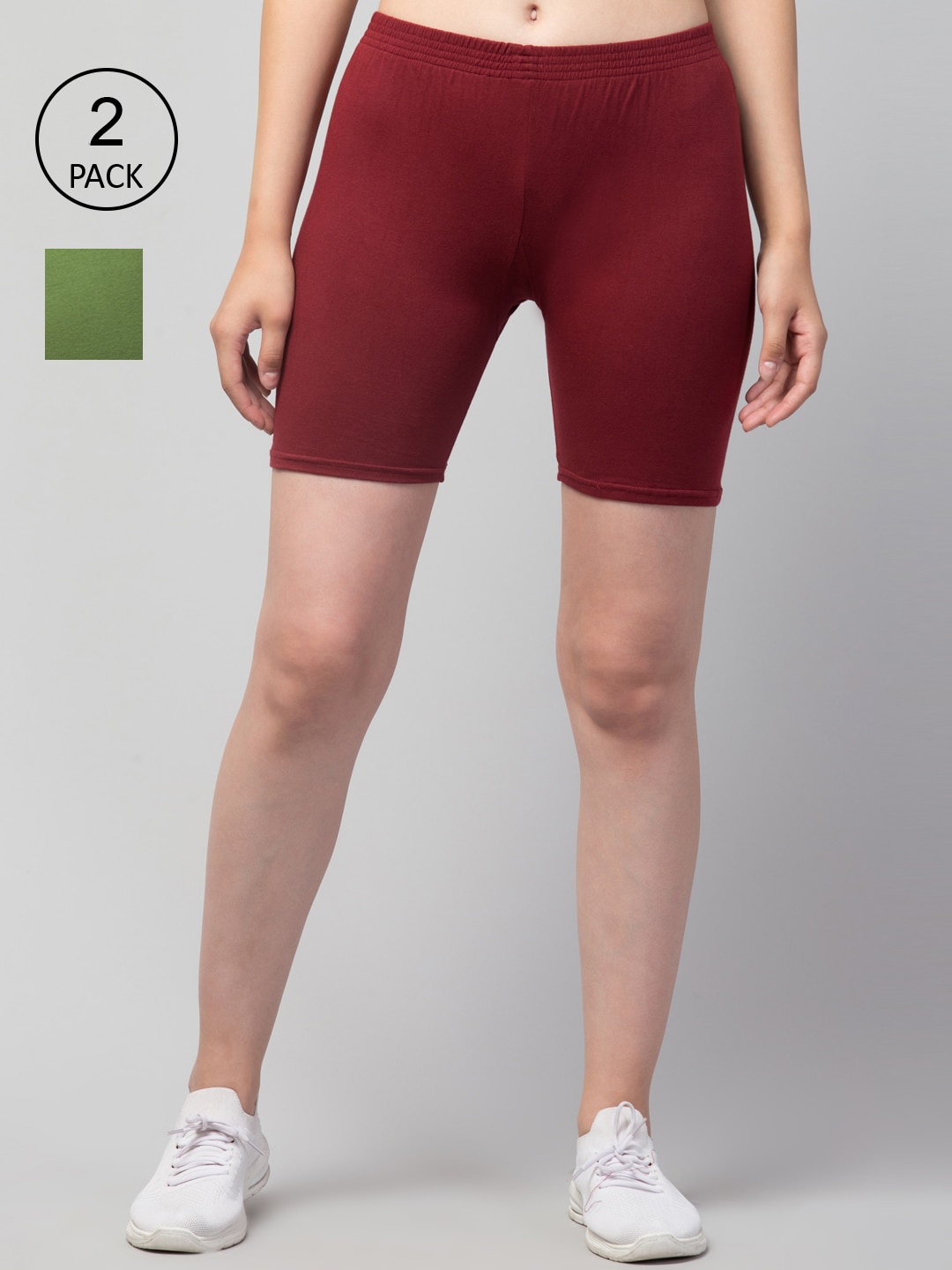 Apraa & Parma Women Set Of 2 Maroon & Green Solid Cotton Slim Fit Cycling Shorts Price in India