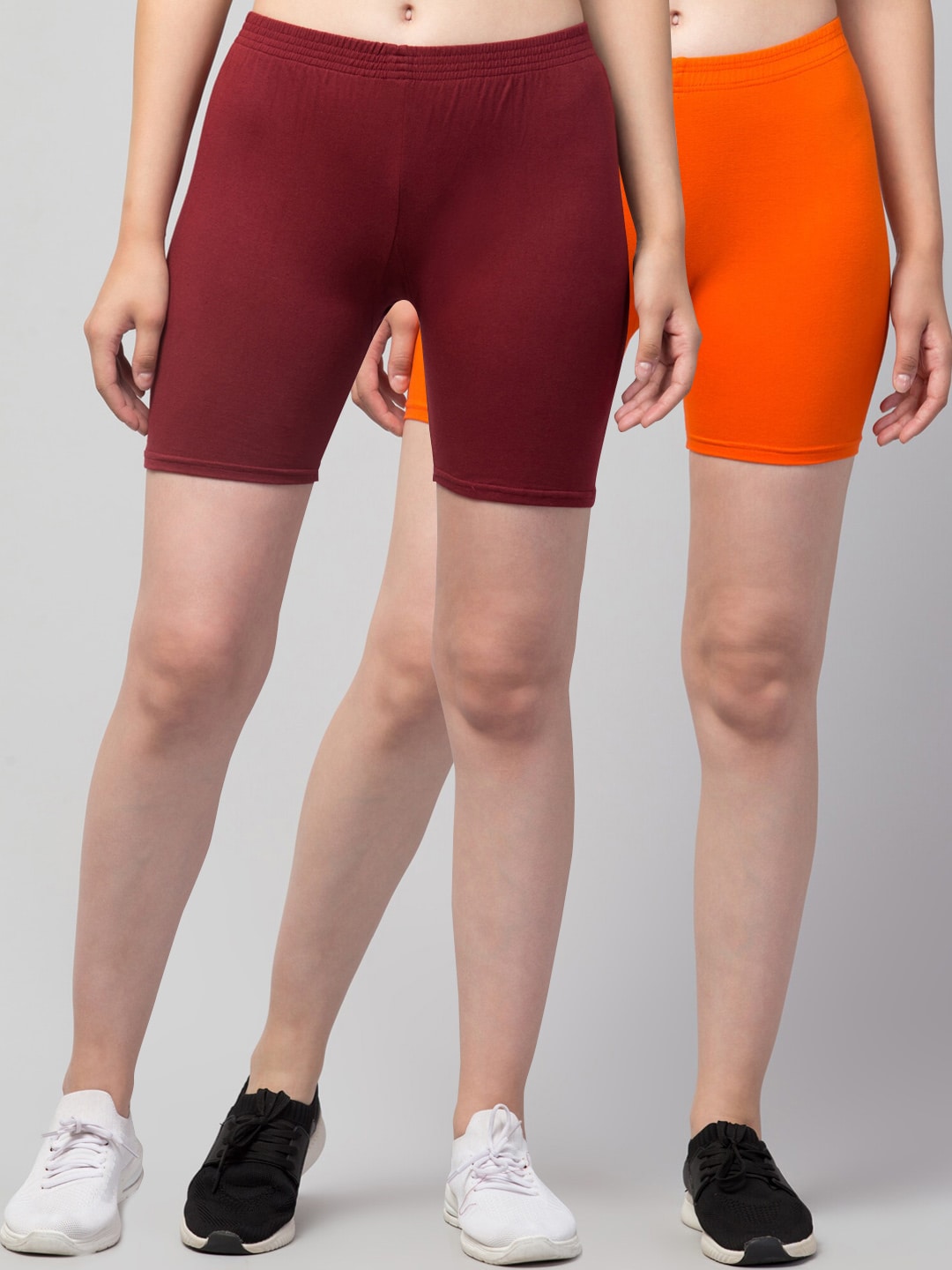 Apraa & Parma Women Pack of 2 Maroon & Orange Slim Fit Cycling Shorts Price in India