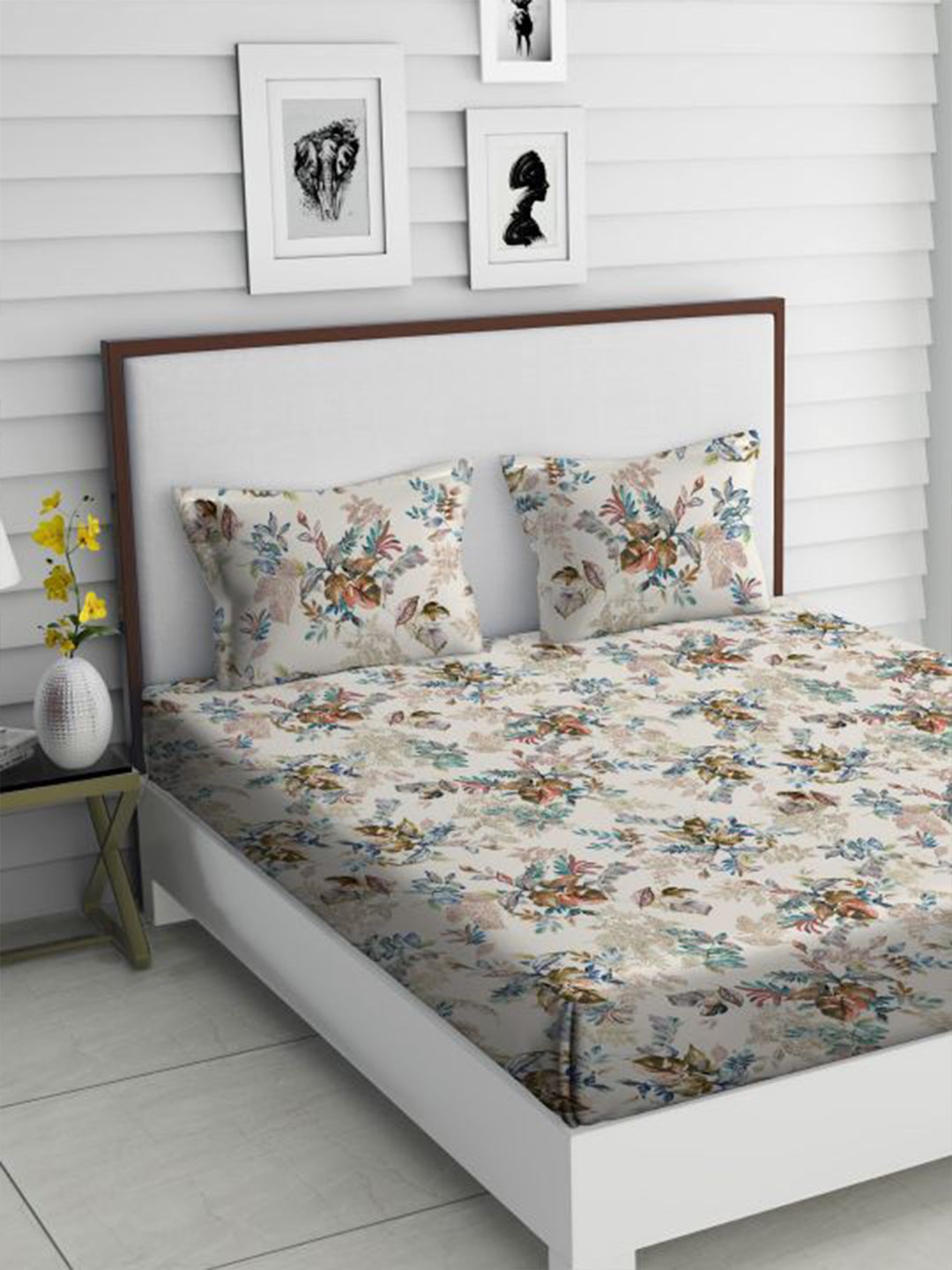 TARA- Sparkling Homes Beige & Blue Floral 350 TC King Bedsheet with 2 Pillow Covers Price in India