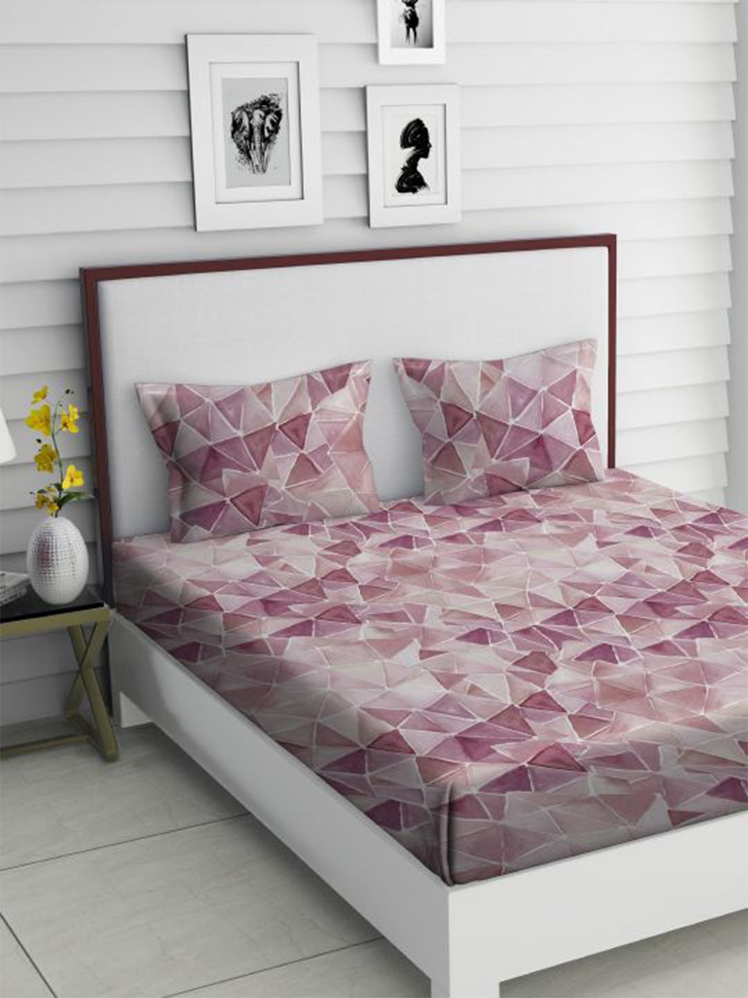TARA- Sparkling Homes Pink & White Cotton 350 TC King Bedsheet with 2 Pillow Covers Price in India