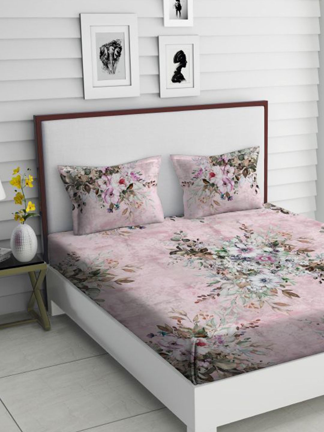 TARA- Sparkling Homes Pink & Grey Printed 350 TC Cotton King Bedsheet with 2 Pillow Covers Price in India