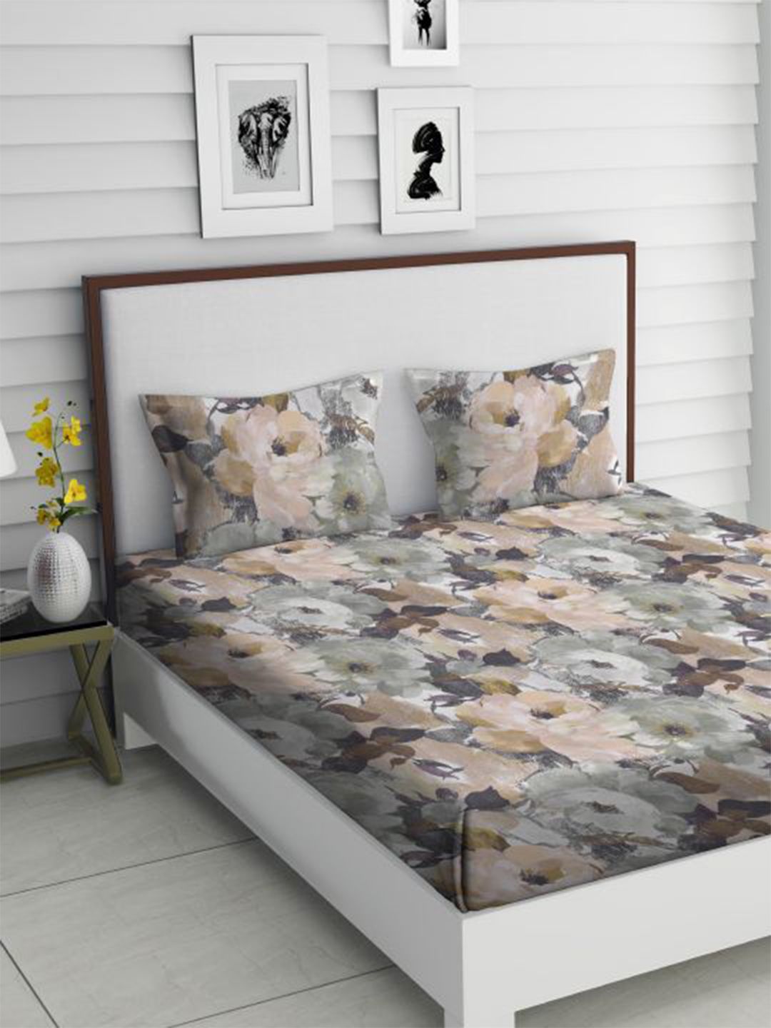 TARA- Sparkling Homes Gold And Grey 350 TC Cotton King Bedsheet With 2 Pillow Covers Price in India