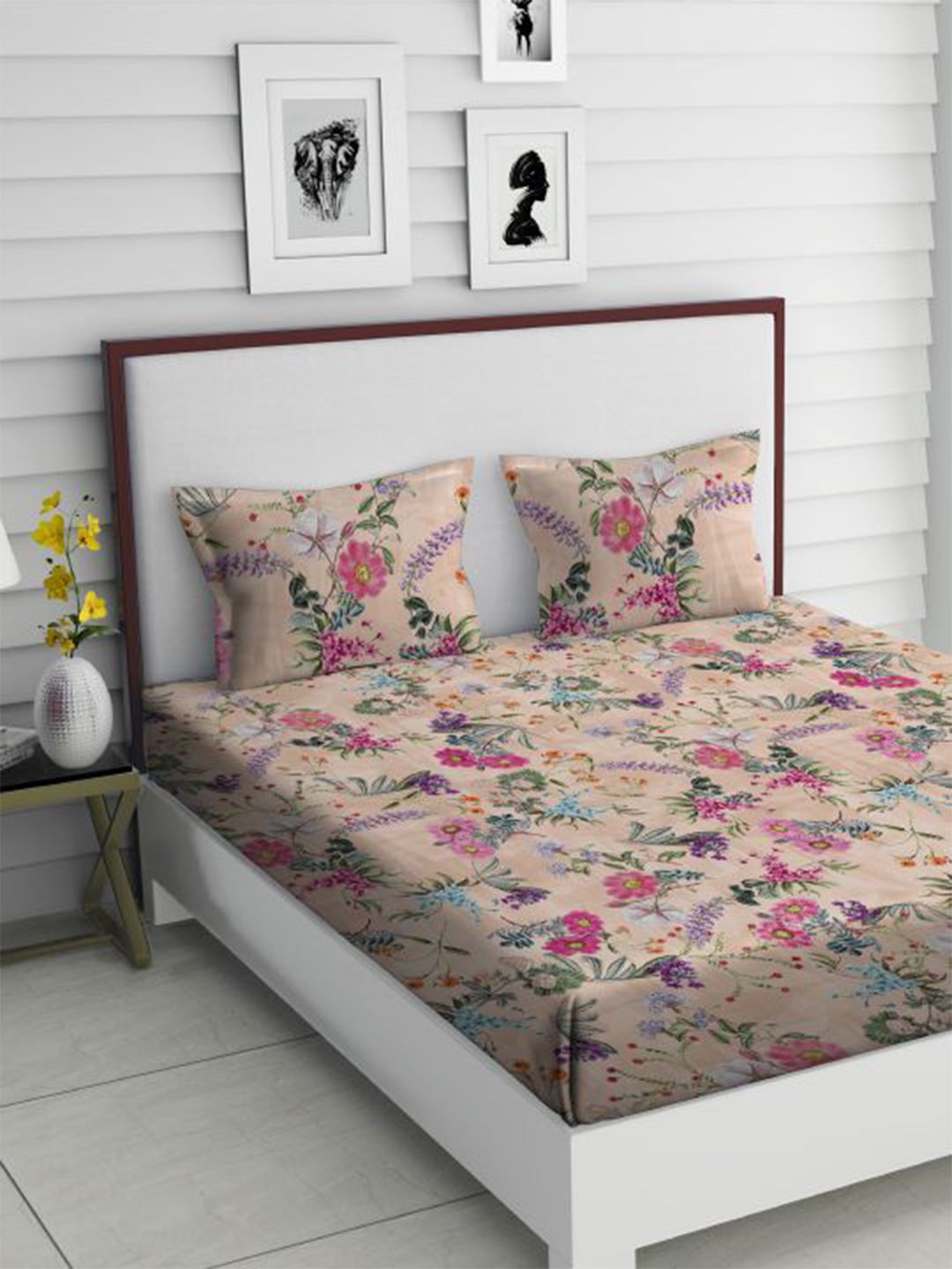 TARA- Sparkling Homes Brown & Pink Floral 350 TC King Bedsheet with 2 Pillow Covers Price in India