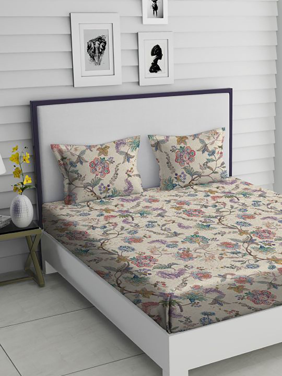 TARA- Sparkling Homes Cream & Purple Floral 350 TC King Bedsheet with 2 Pillow Covers Price in India