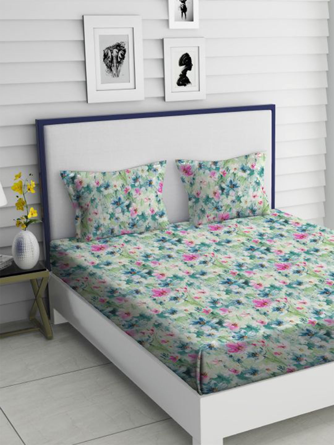 TARA- Sparkling Homes Blue Floral Print King Size Luxury Bed Linen 350 TC Bedsheet & 2 Pillow Cover Price in India
