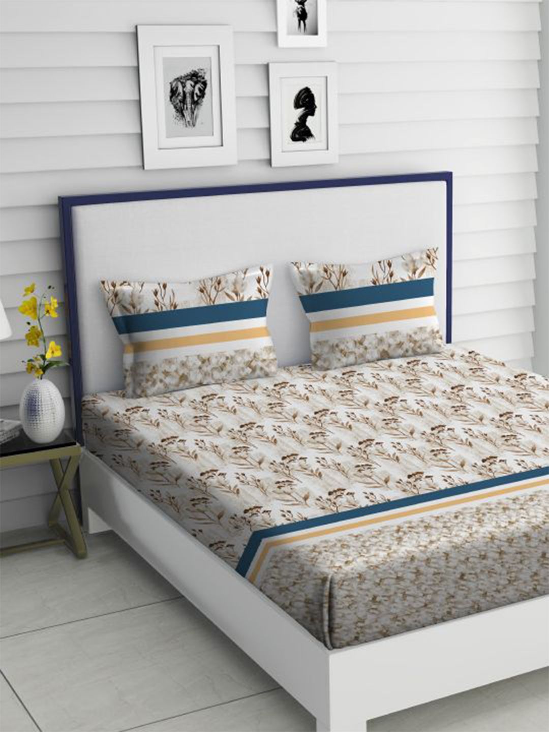 TARA- Sparkling Homes White & Yellow Floral 350 TC King Bedsheet with 2 Pillow Covers Price in India