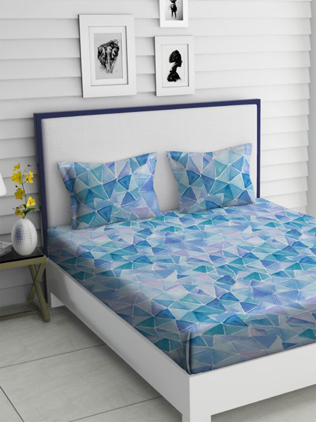 TARA- Sparkling Homes Blue & White Printed 350 TC King Bedsheet with 2 Pillow Covers Price in India