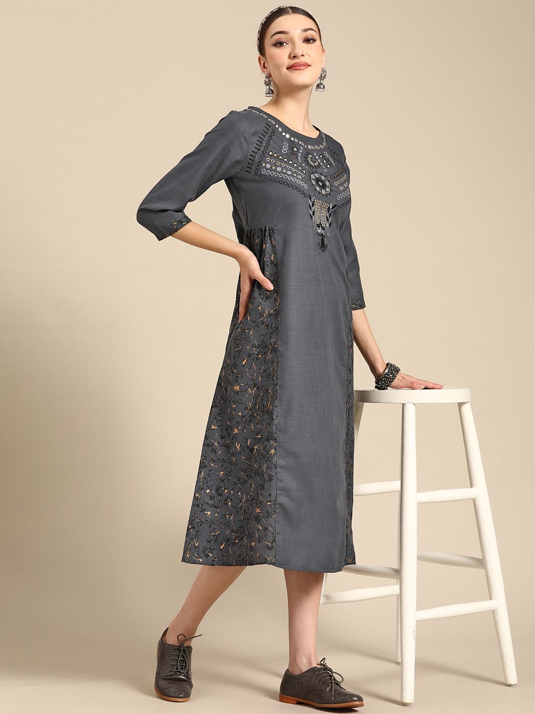 Sangria Grey Ethnic Motifs Embroidered Ethnic Cotton A-Line Midi Dress Price in India
